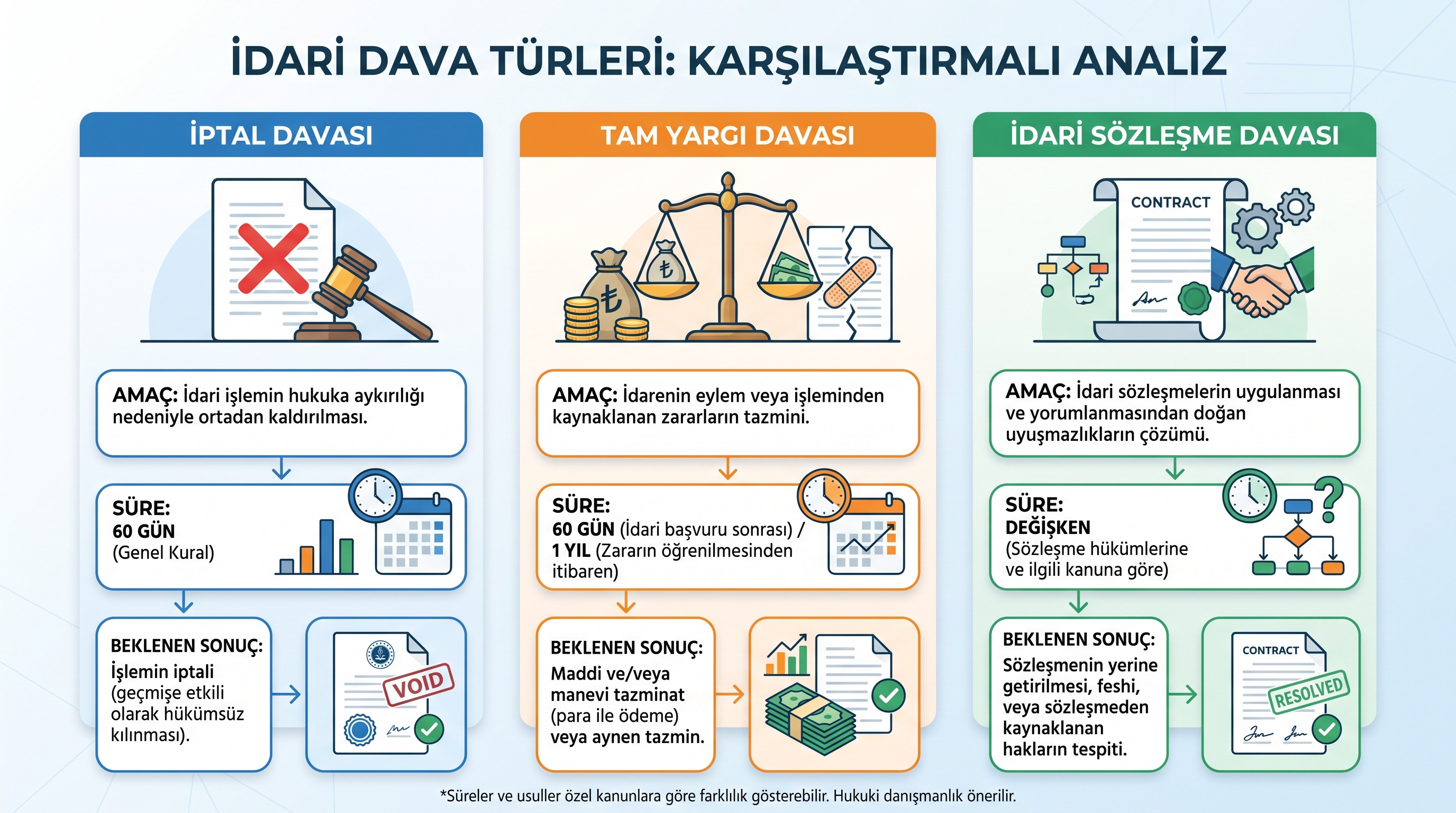 İptal davası, tam yargı davası ve idari sözleşme davasının amaç, süre ve sonuçlarını gösteren karşılaştırma.
