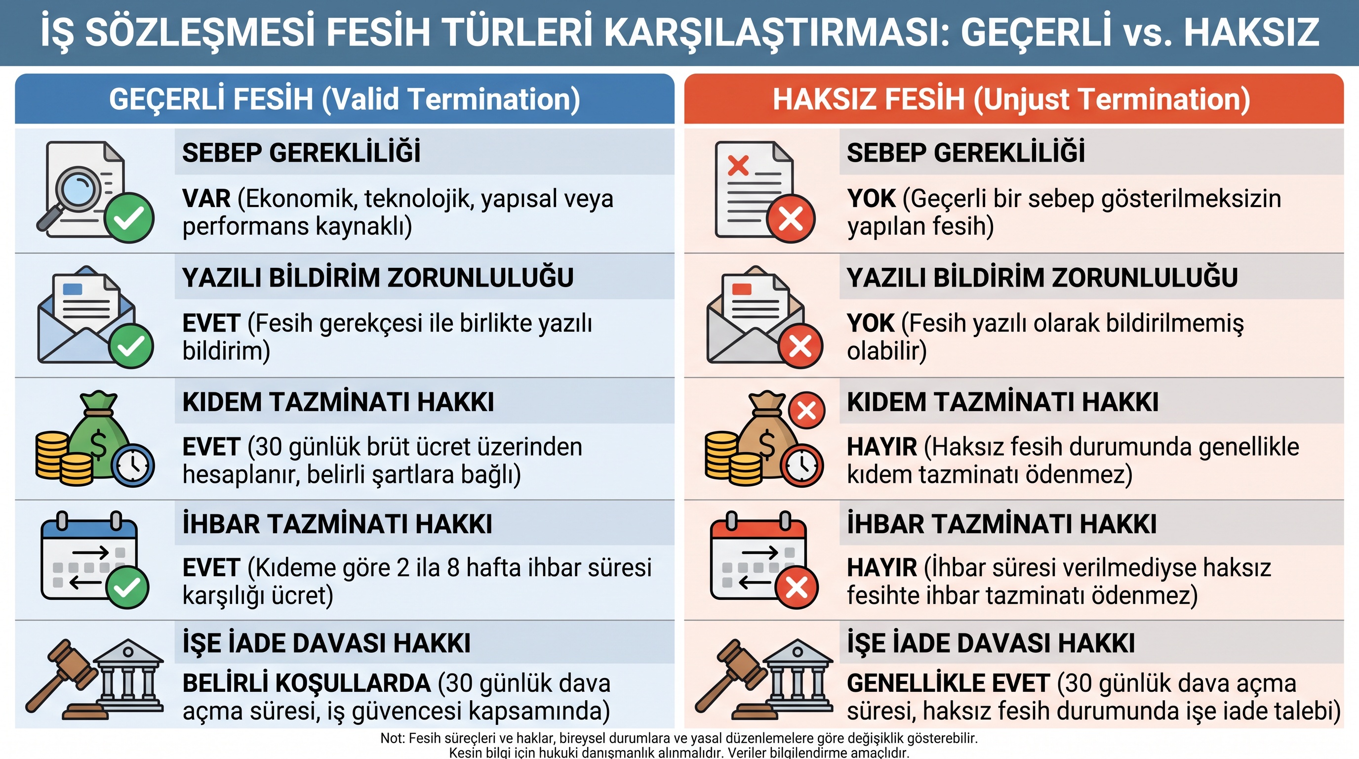Geçerli fesih ile haksız fesih arasındaki hak farkını gösteren kıdem tazminatı, ihbar tazminatı ve işe iade…