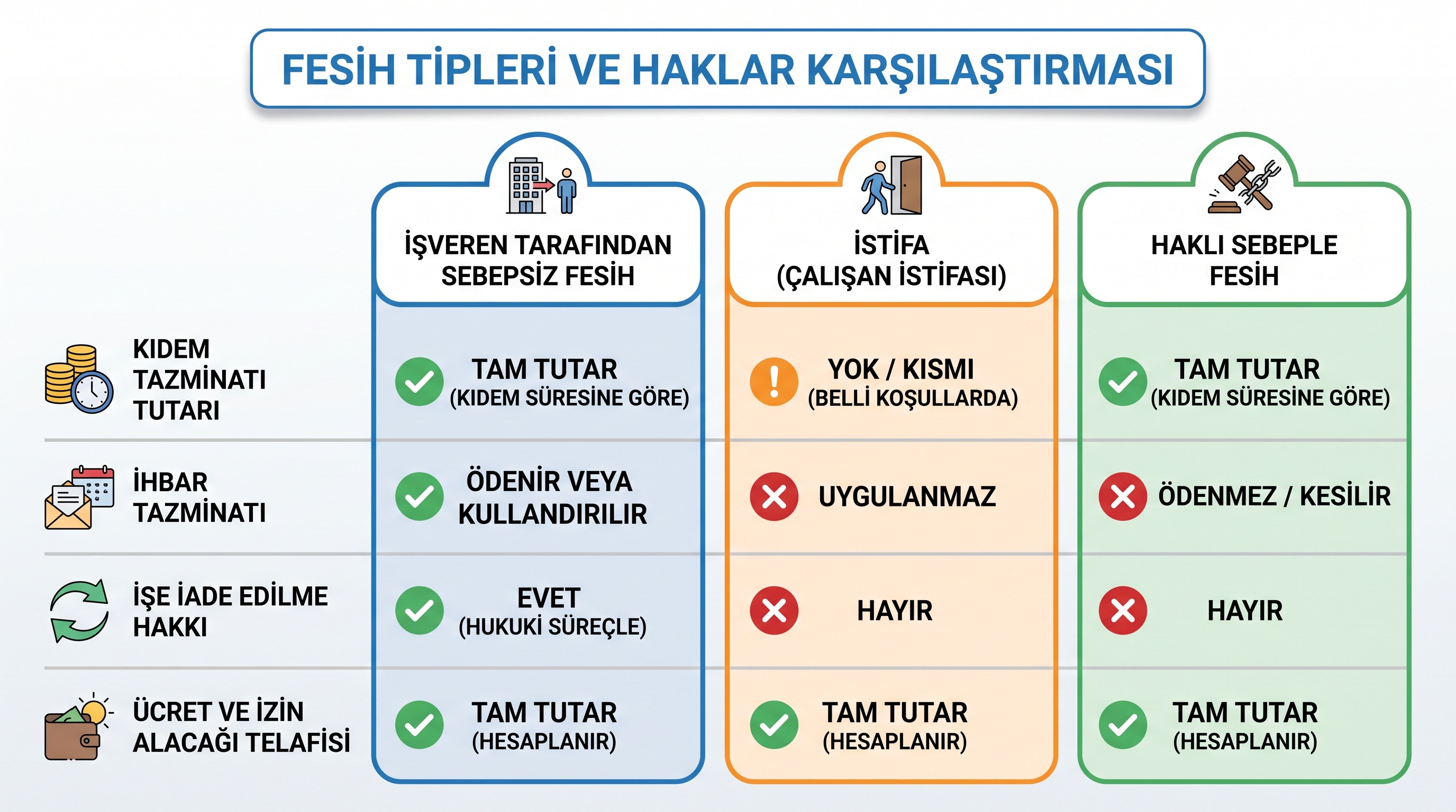 İşveren feshinde, istifada ve haklı nedenli feshte işçi haklarının ve alınacak tazminatların karşılaştırmalı tablosu.