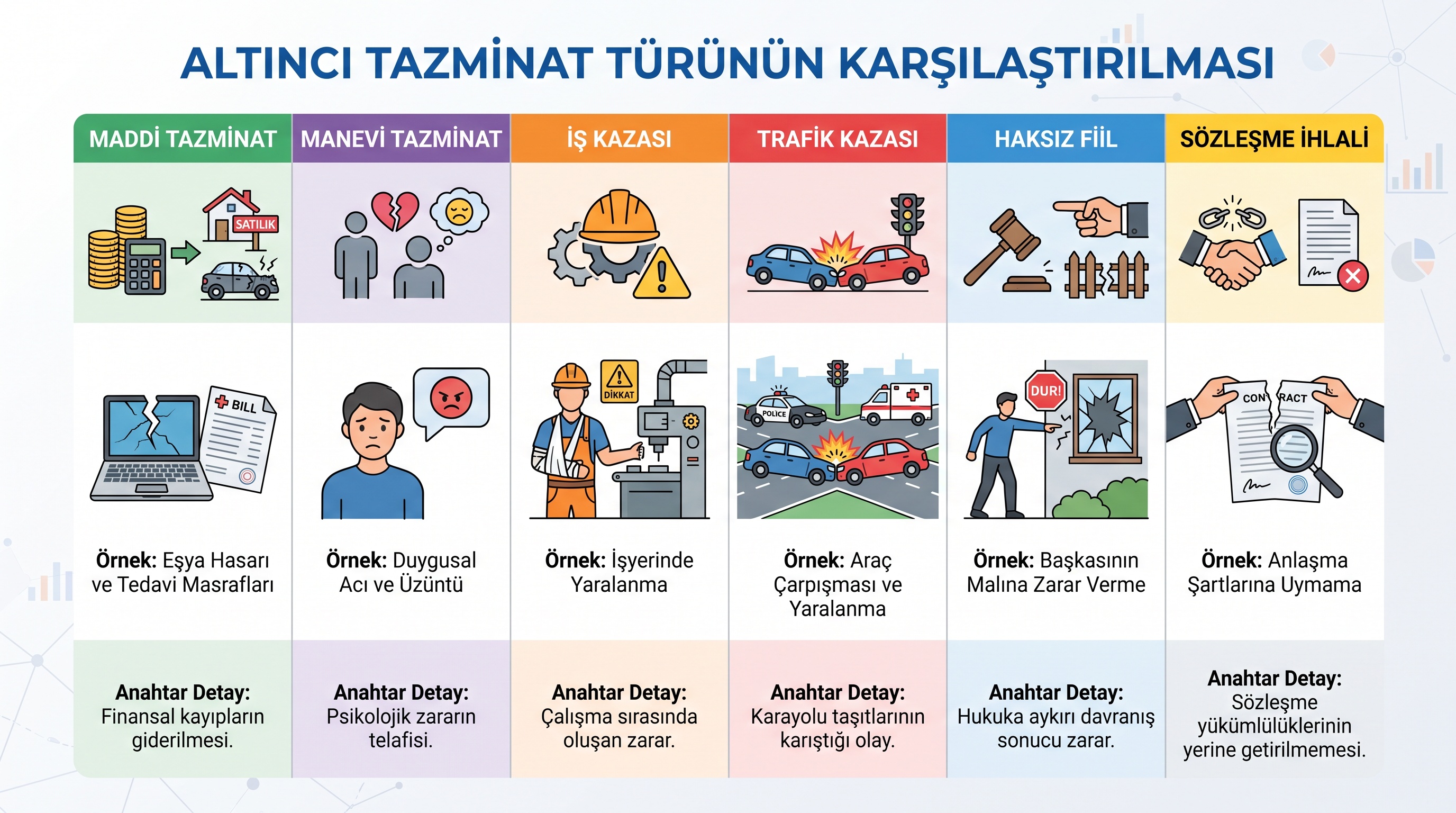 Altı tazminat türünün görsel kategorilendirmesi: maddi, manevi, iş, trafik, haksız fiil ve sözleşme ihlali.