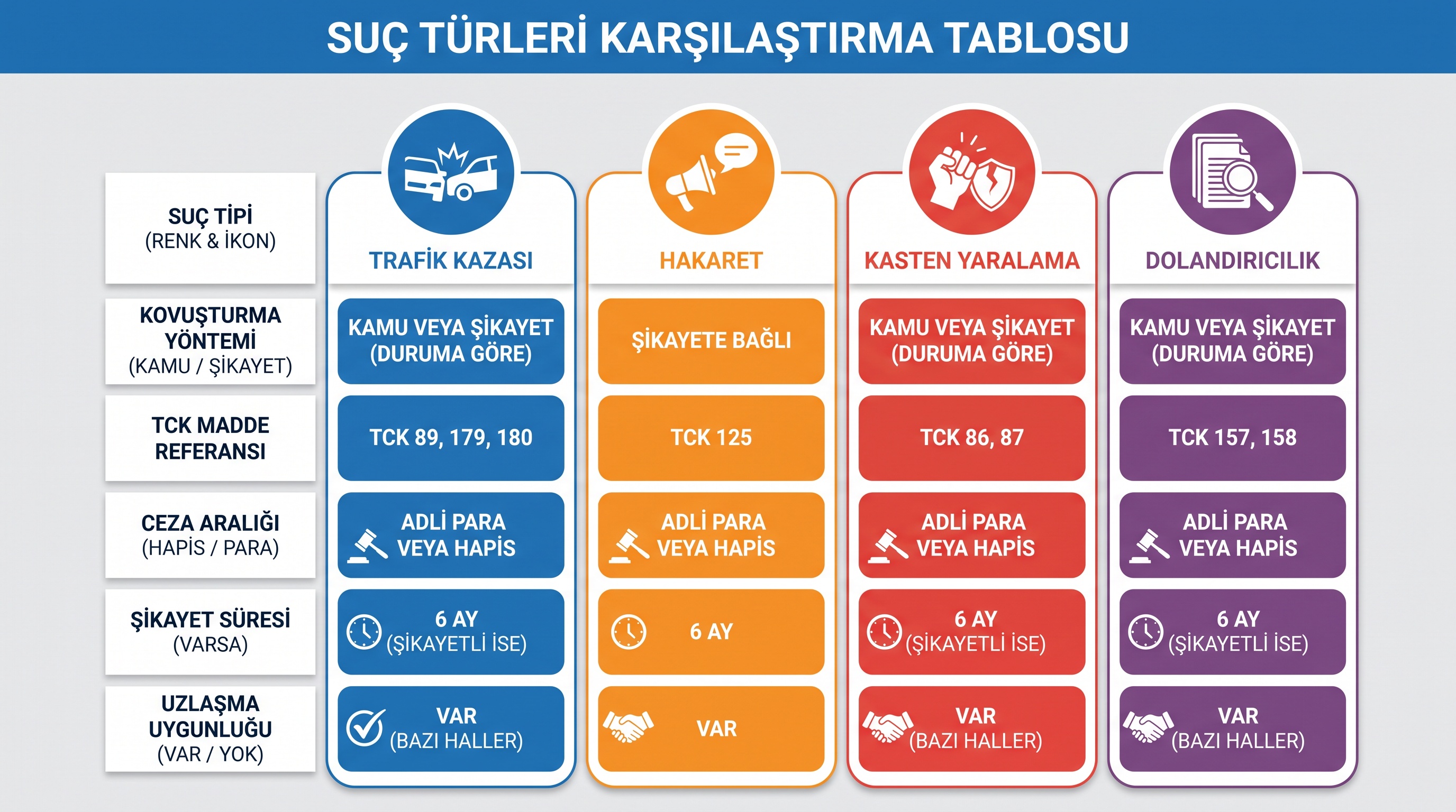 Trafik kazası, hakaret, yaralama ve dolandırıcılık suçlarının kovuşturma yöntemi, madde, ceza ve şikayet sürelerini…
