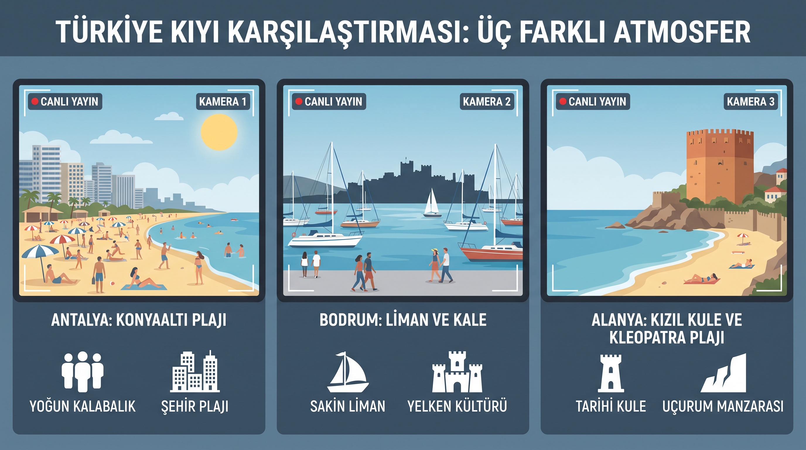 Antalya, Bodrum ve Alanya'nın farklı kamera manzaralarının karşılaştırması.