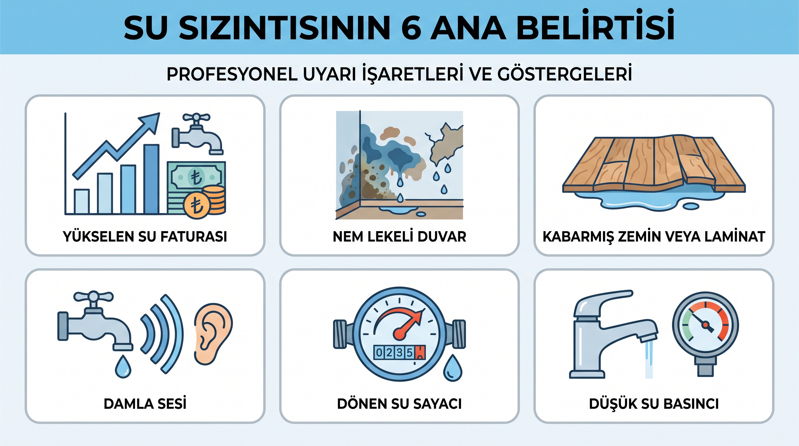 Su kaçağının altı ana belirtisini gösteren görsel özet: fatura artışı, nem lekesi, döşeme şişmesi, damlama sesi, sayaç…