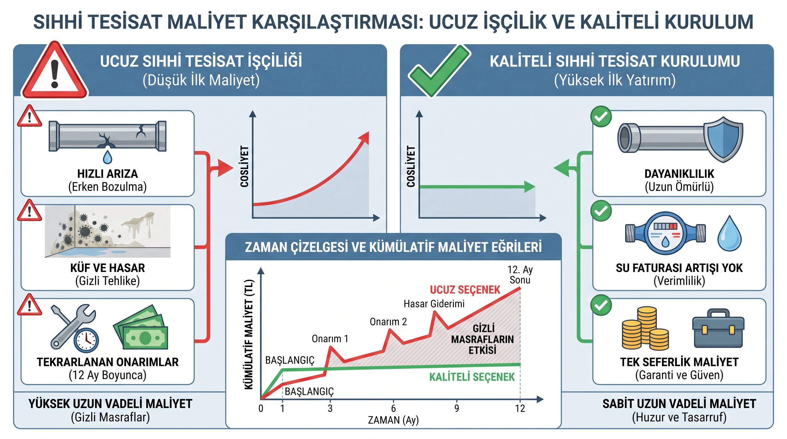 Ucuz tesisat hizmeti ile kaliteli tesisat hizmetinin toplam maliyet karşılaştırması.