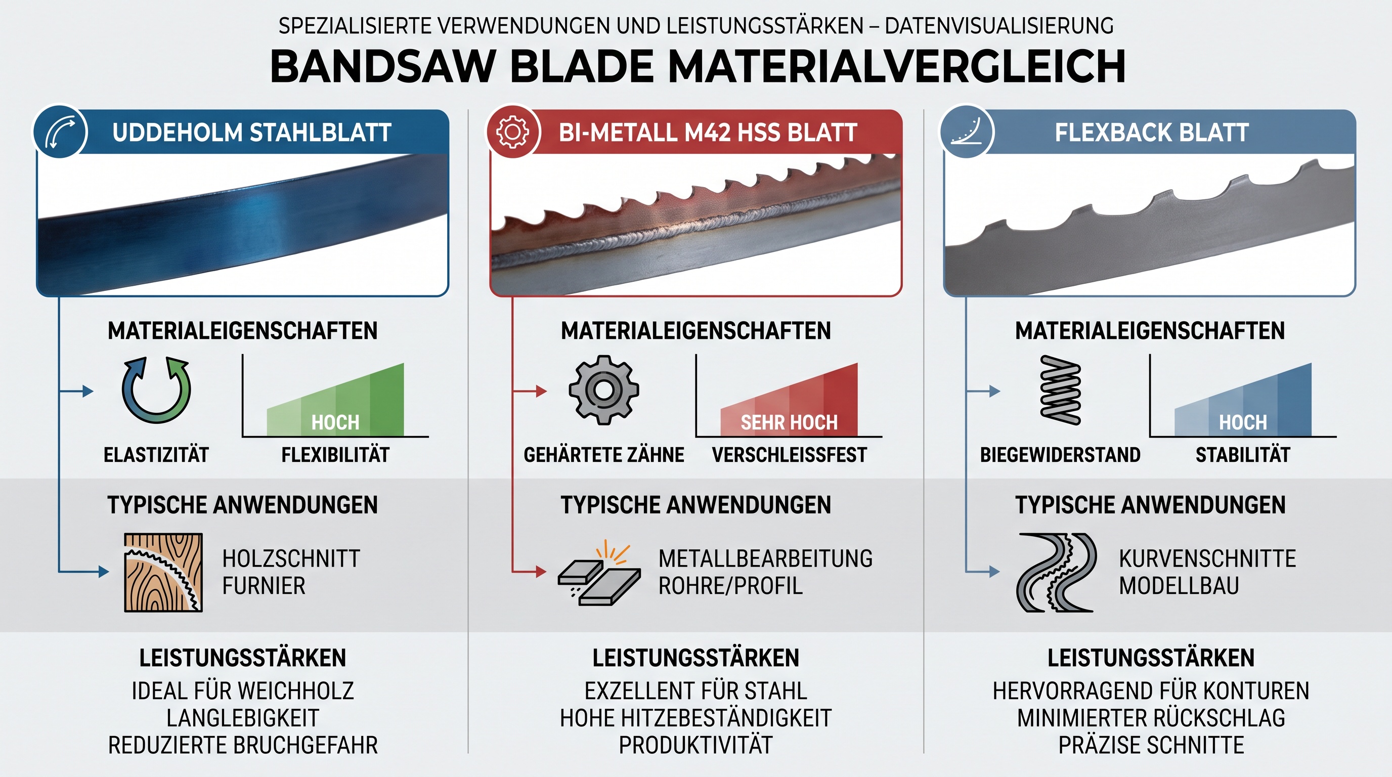 Vergleich der drei Stahlqualitäten Uddeholm, Bi-Metall M42 und Flexback mit ihren Anwendungsbereichen.