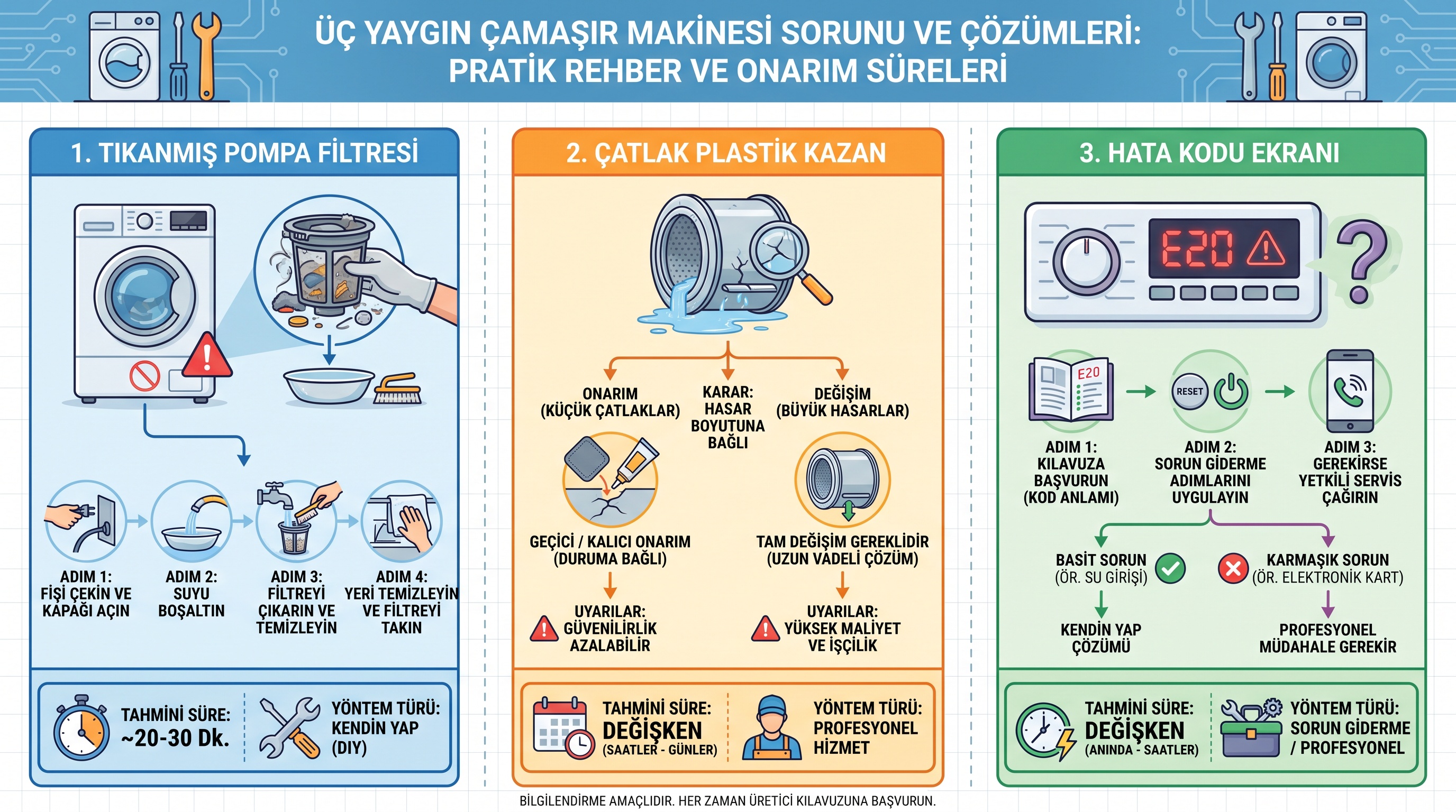 Çamaşır makinesi arızalarının çözüm yöntemi ve tahmini sürelerine ilişkin karşılaştırma tablosu.