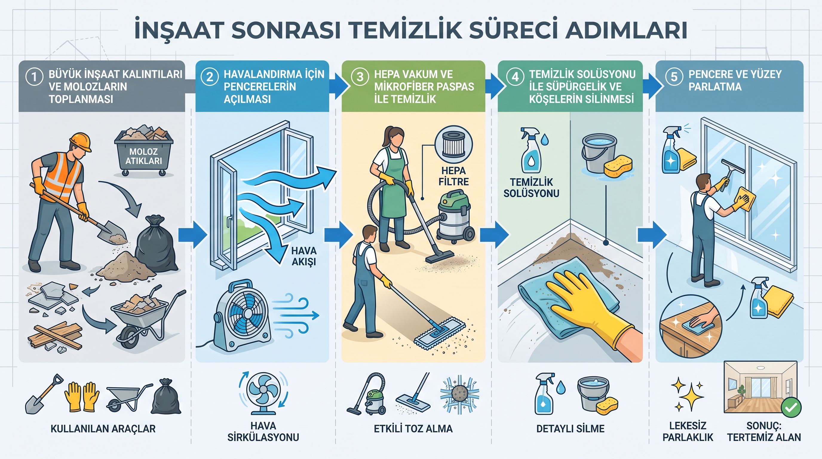 İnşaat sonrası temizlik adımları: moloz toplama, havalandırma, elektrikli süpürge, ıslak silme ve cam temizliği.