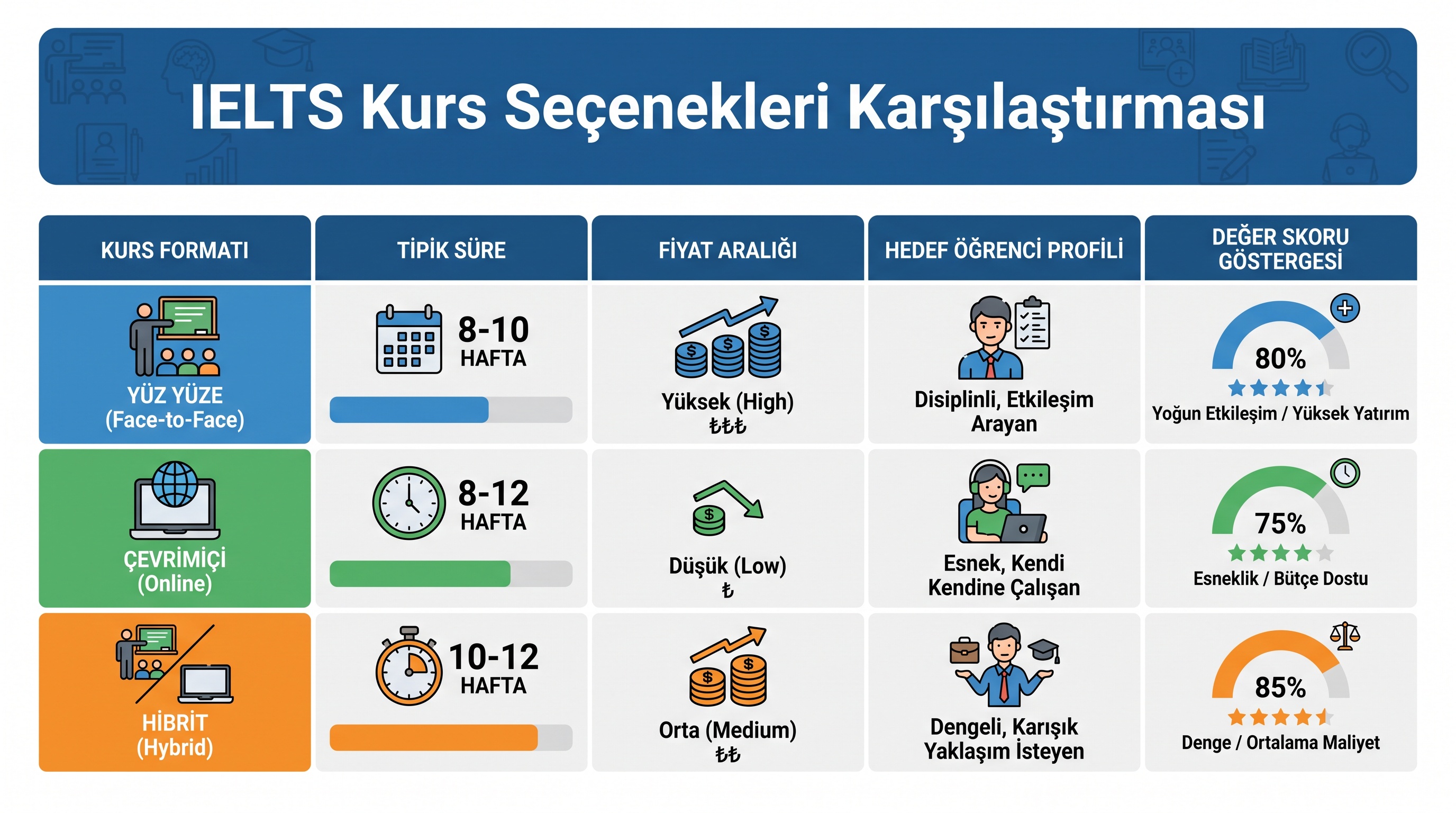 IELTS kursları için süre, fiyat ve format seçeneklerinin karşılaştırma tablosu.