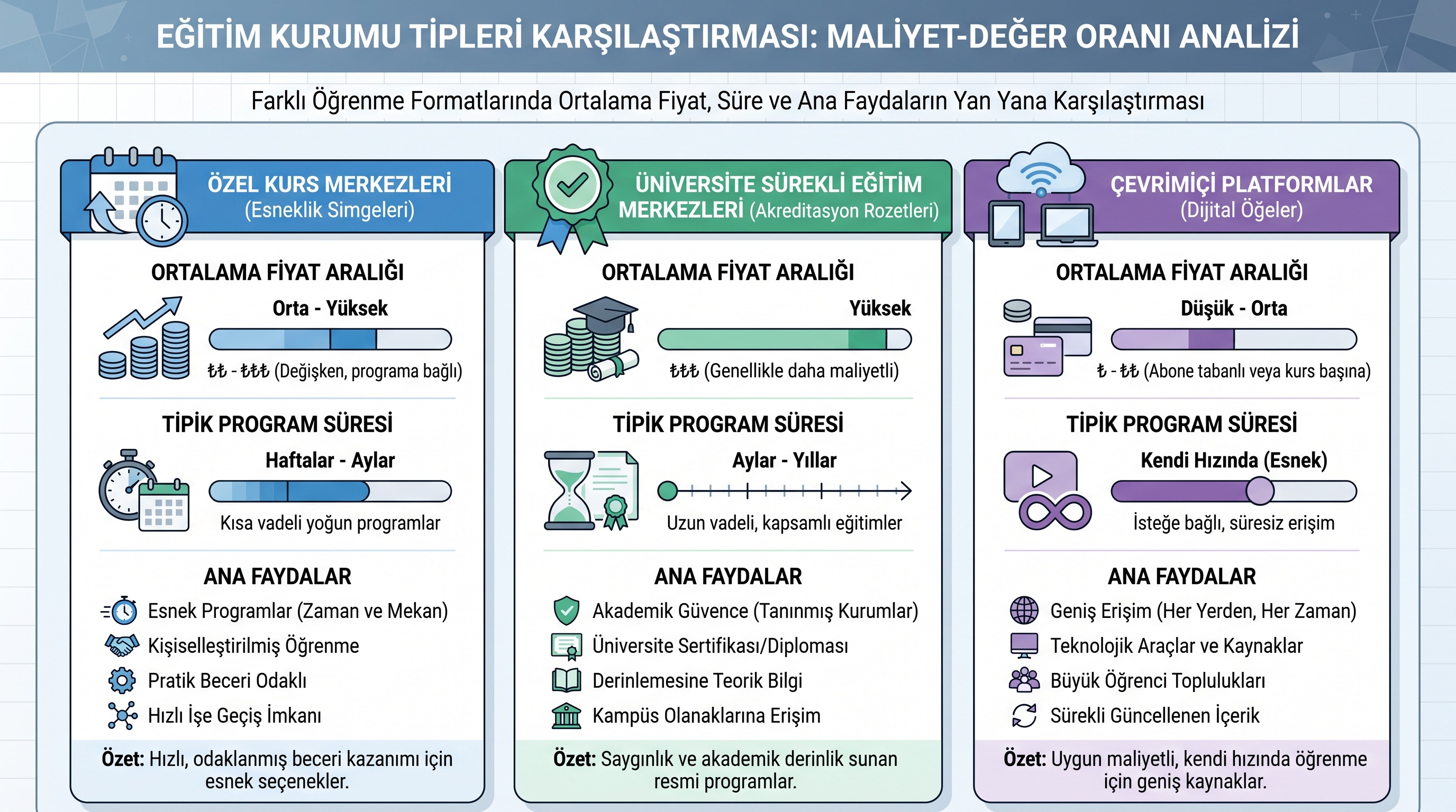 Ankara'daki üç kurs türünün (özel kurumlar, üniversite, online) fiyat, sertifika ve yapı karşılaştırması.