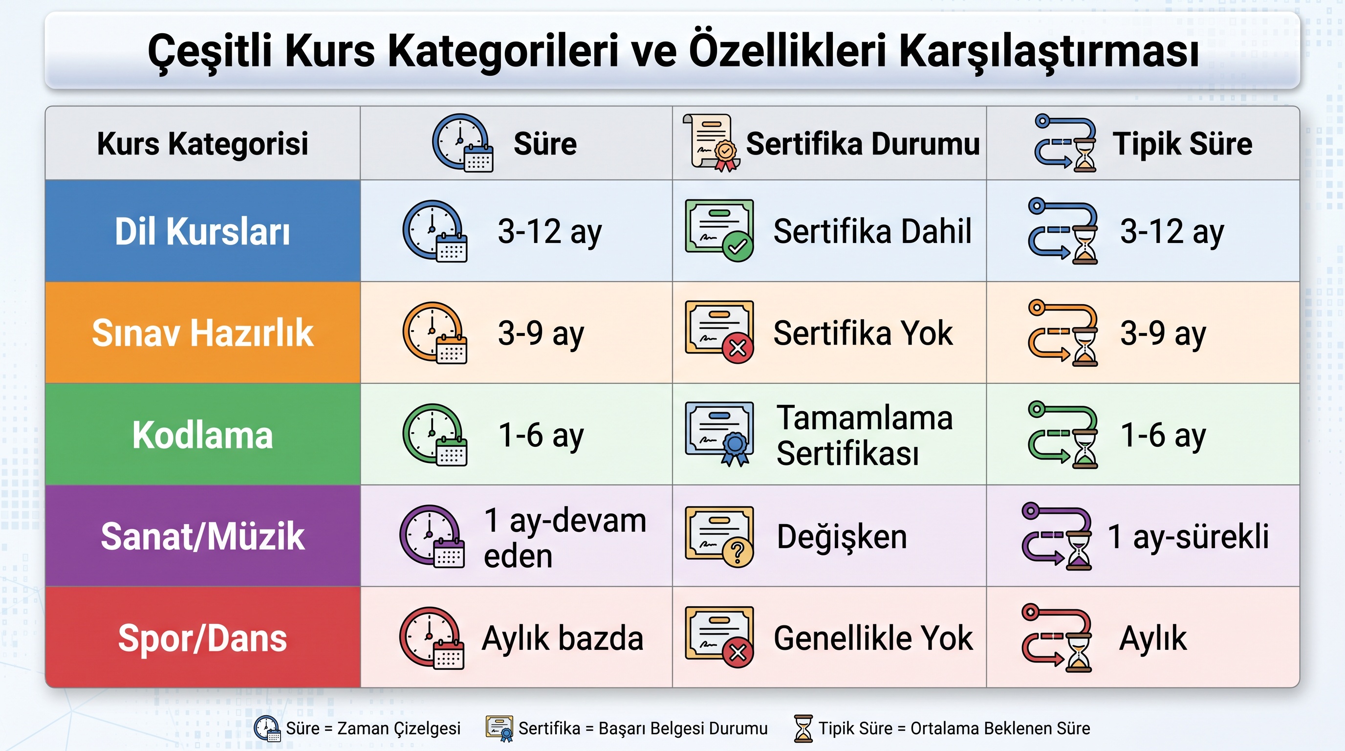 Beş kurs kategorisinin (dil, sınav, yazılım, sanat, spor) süre, hedef kitle ve sertifika durumunu karşılaştıran tablo.