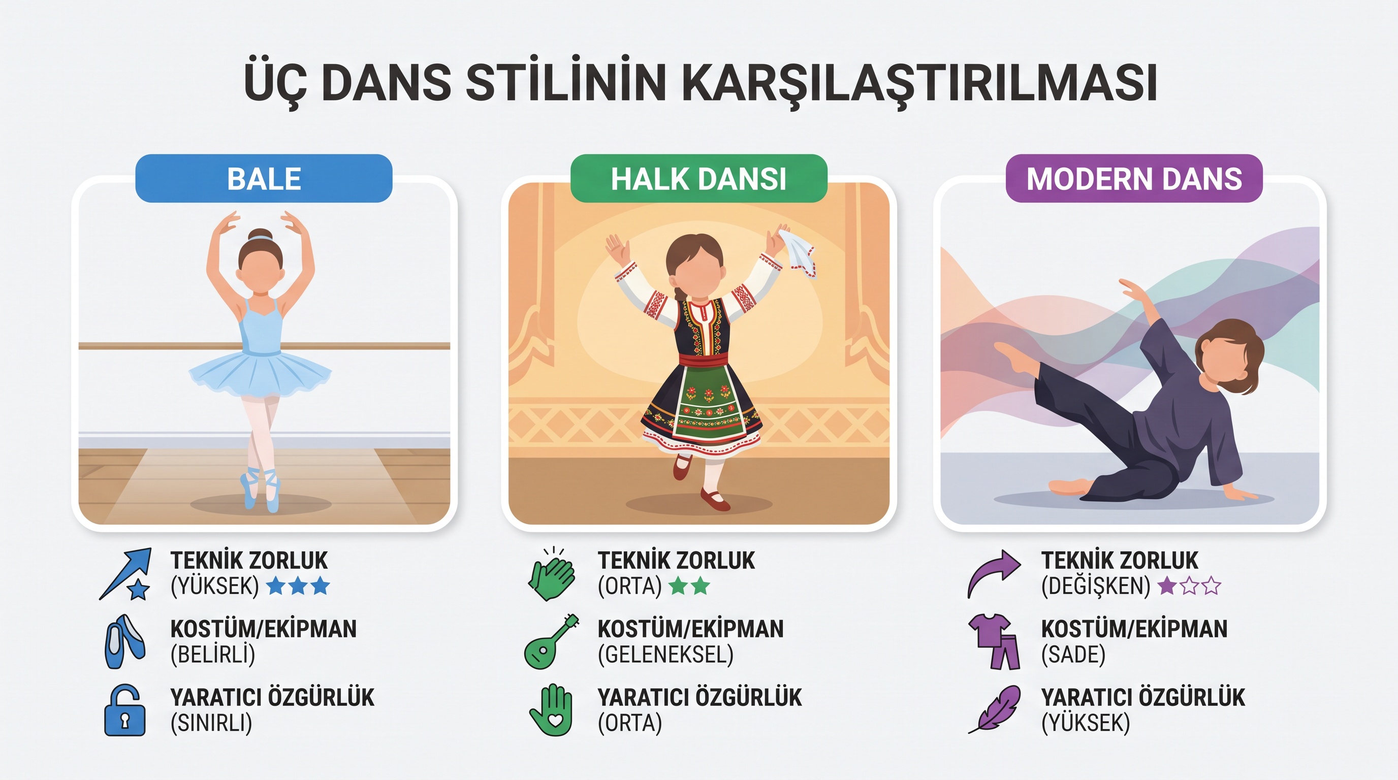 Bale, halk oyunları ve modern dansın teknik seviye, ekipman ve yaratıcı özgürlük açısından farkları.