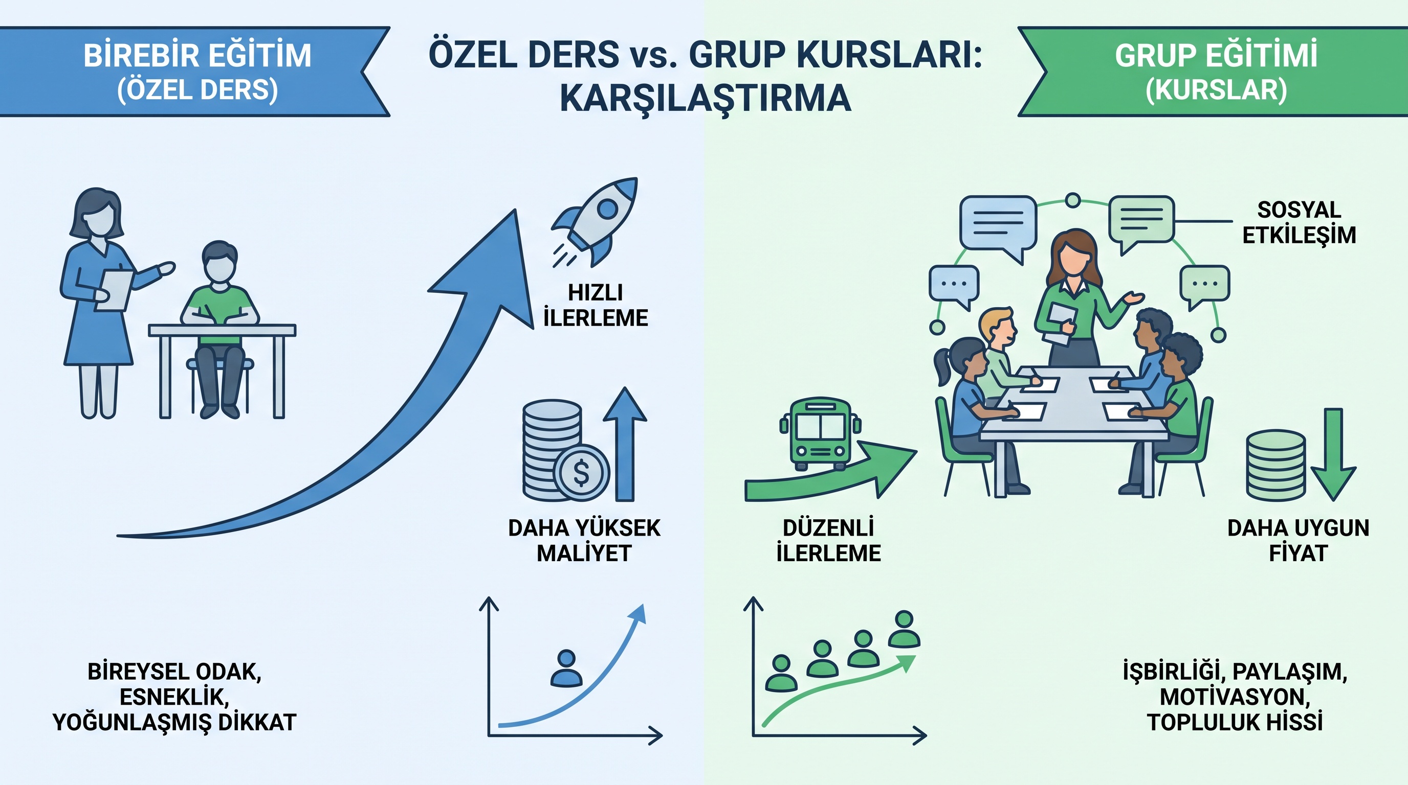 Özel ders ve grup kurslarının hız, maliyet ve sosyal öğrenme açılarından karşılaştırılmasını gösteren infografik.