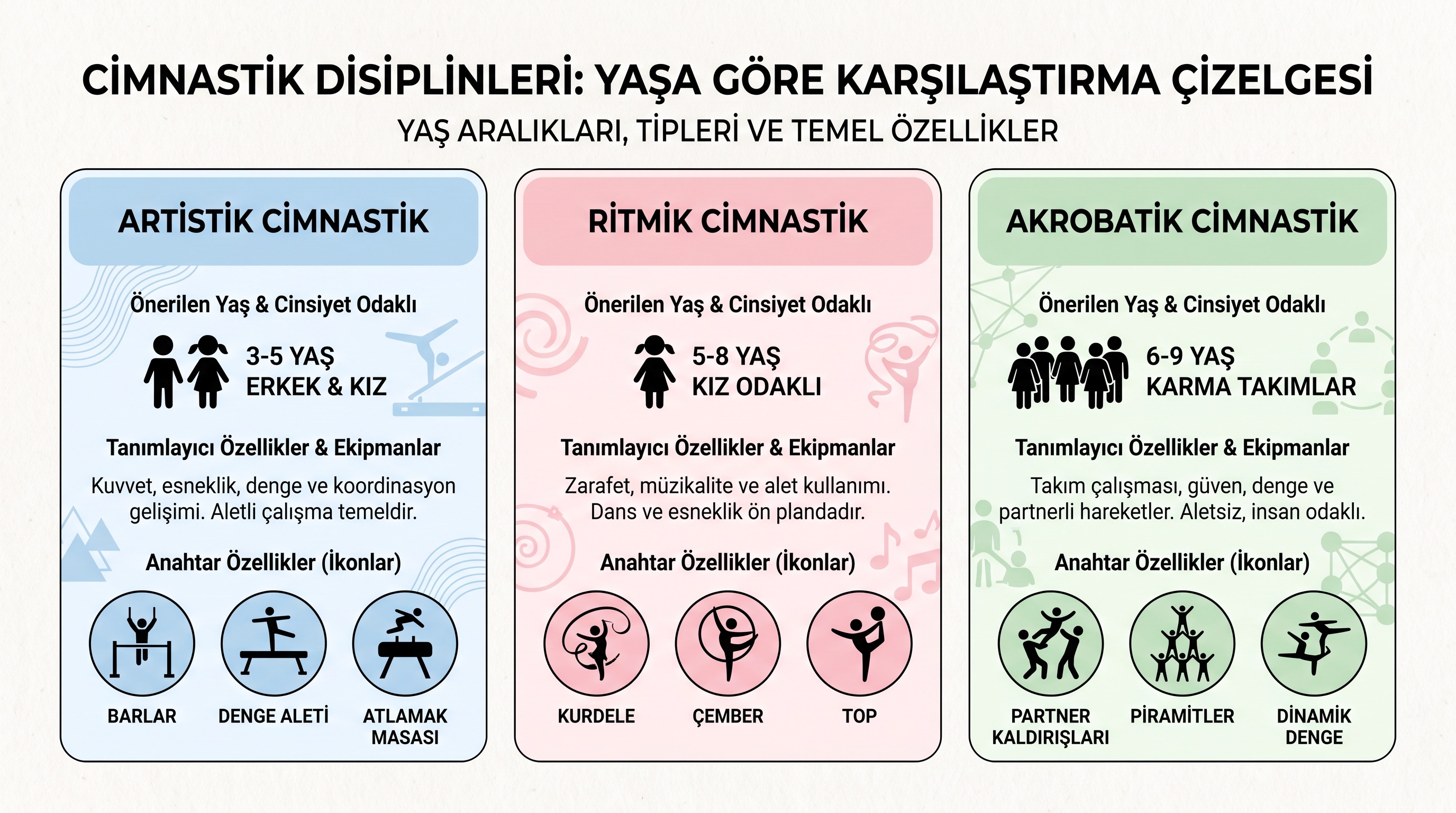 Ankara'da yaygın olan üç jimnastik branşının yaş, cinsiyet ve özellikleri karşılaştırması.