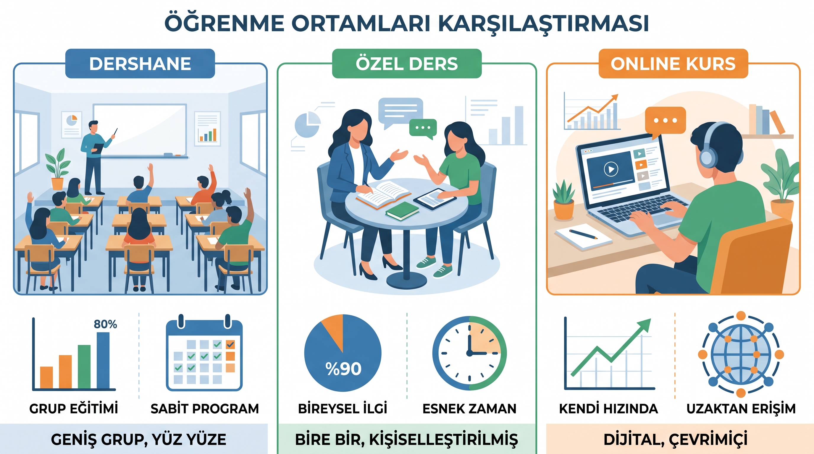 Dershane, özel ders ve online kurs olmak üzere üç farklı sınav hazırlık modeli görsel karşılaştırması.