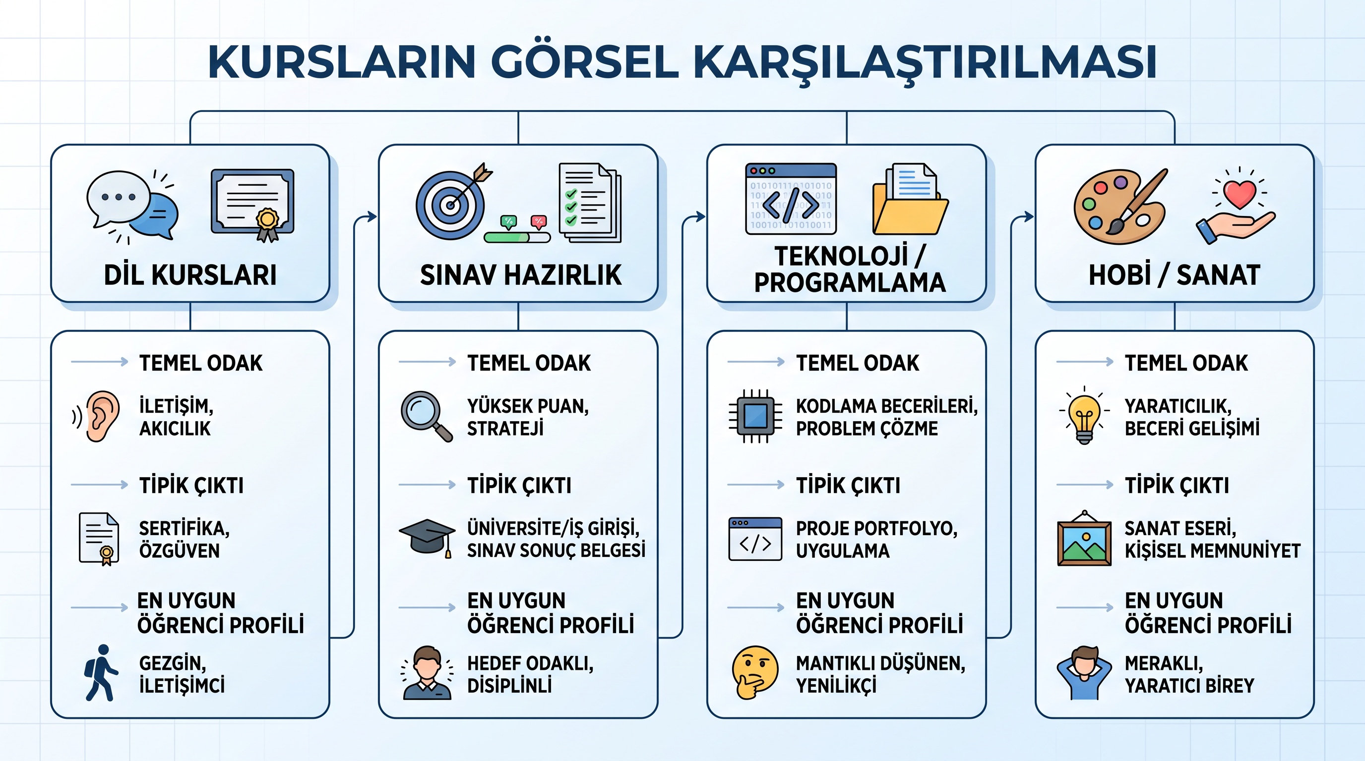 Dil, sınav, teknoloji ve hobi kurslarının amaç ve hedeflerine göre sınıflandırılması