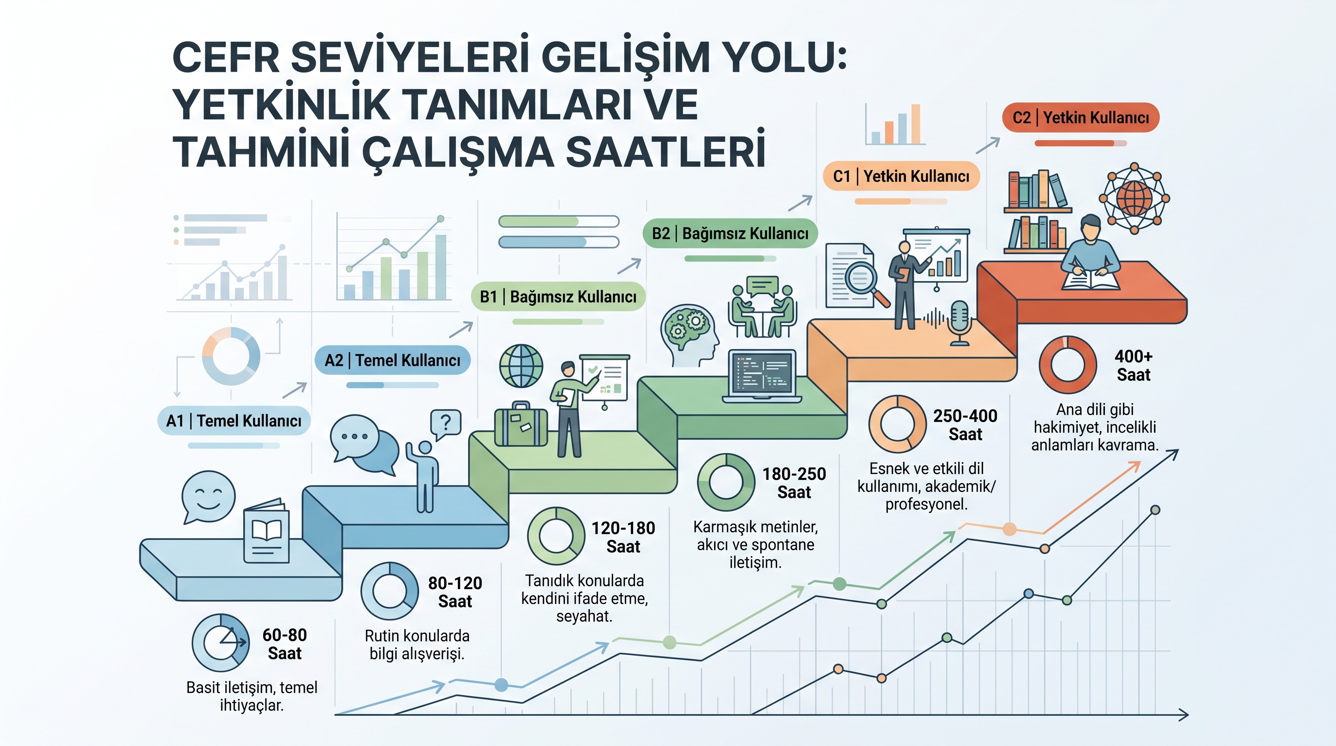 A1'den C2'ye Almanca seviyeleri, her seviyenin yeterlilik tanımı ve ortalama ders saati gereksinimleri gösteriliyor.