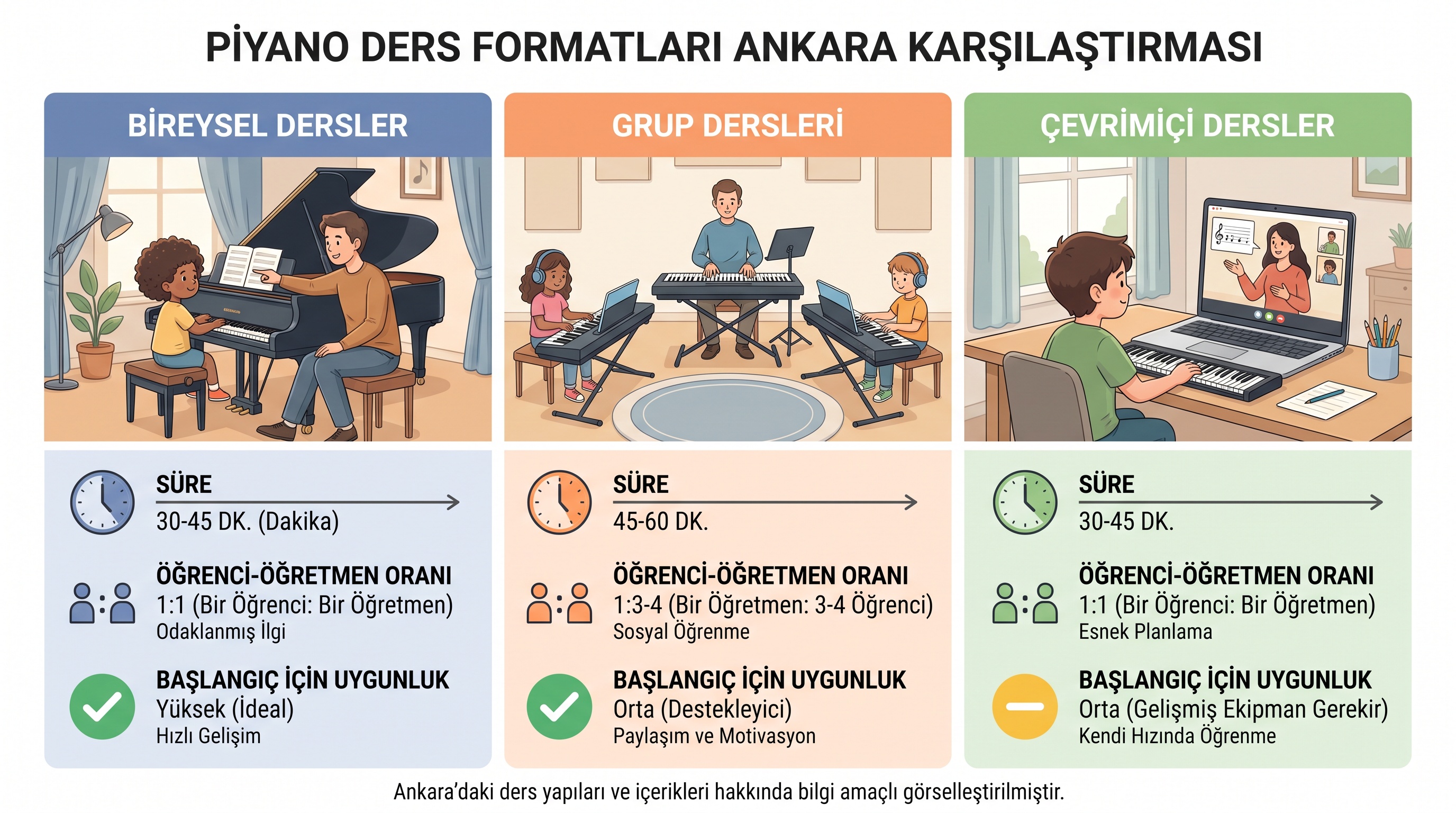 Ankara piyano kurslarında bireysel, grup ve online derslerin karşılaştırma tablosu.