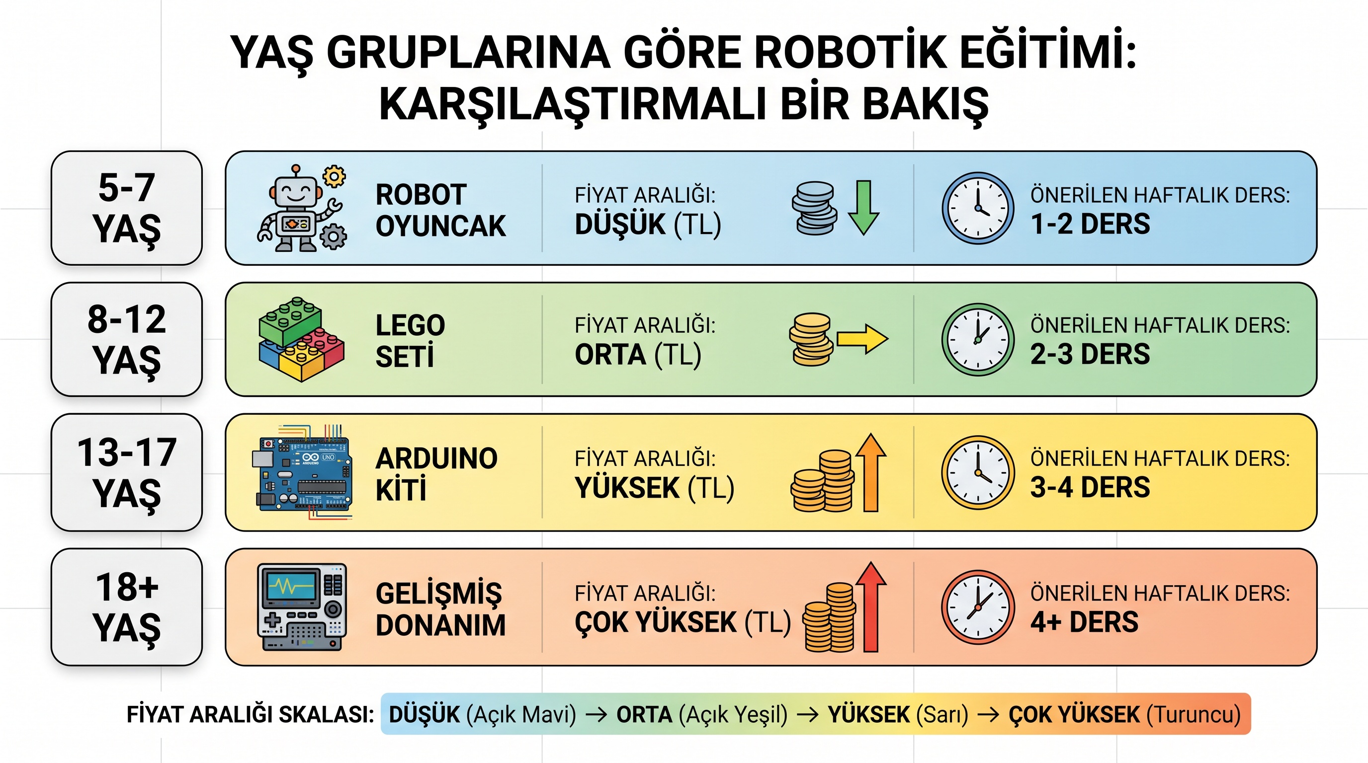 Ankara'da yaş gruplarına göre robotik kodlama kursu aylık ücret aralıkları ve haftalık ders sayıları karşılaştırması.