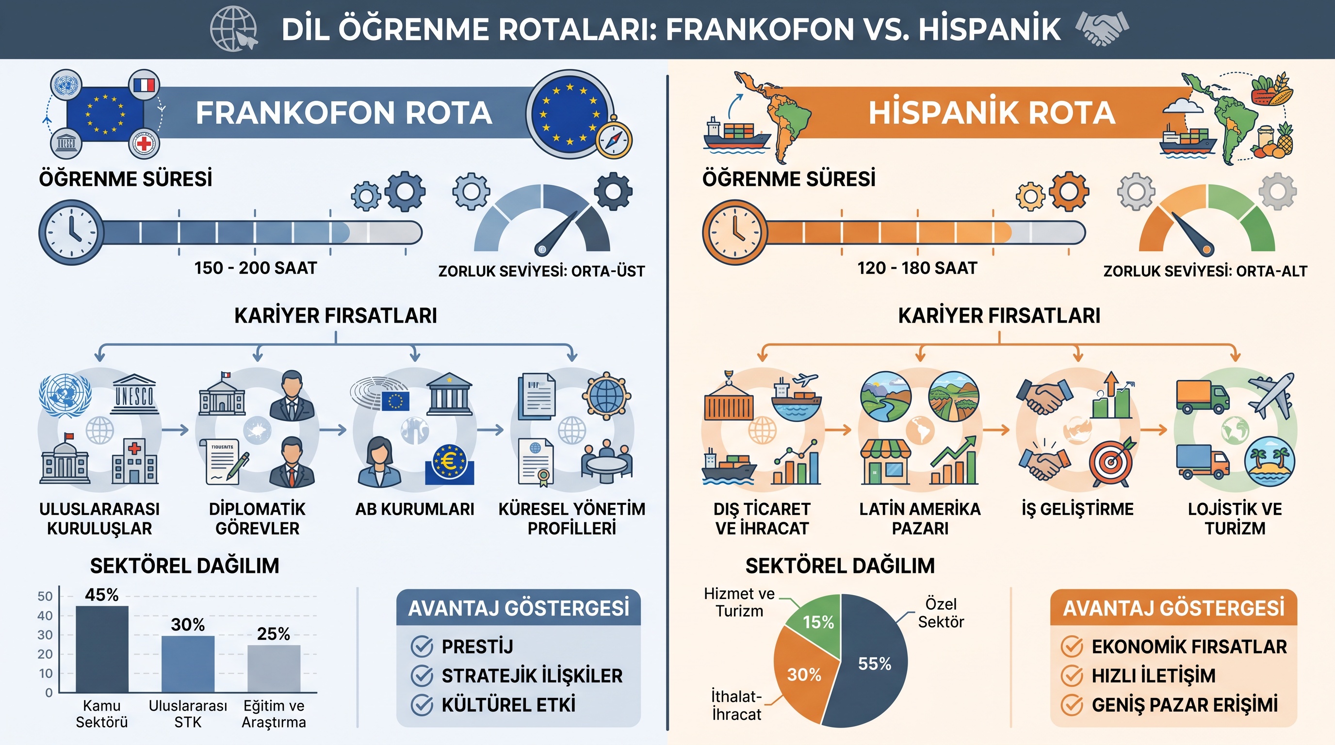 Fransızca ve İspanyolca öğreniminin kariyer yolları, öğrenim süresi ve iş sektörleri açısından karşılaştırması