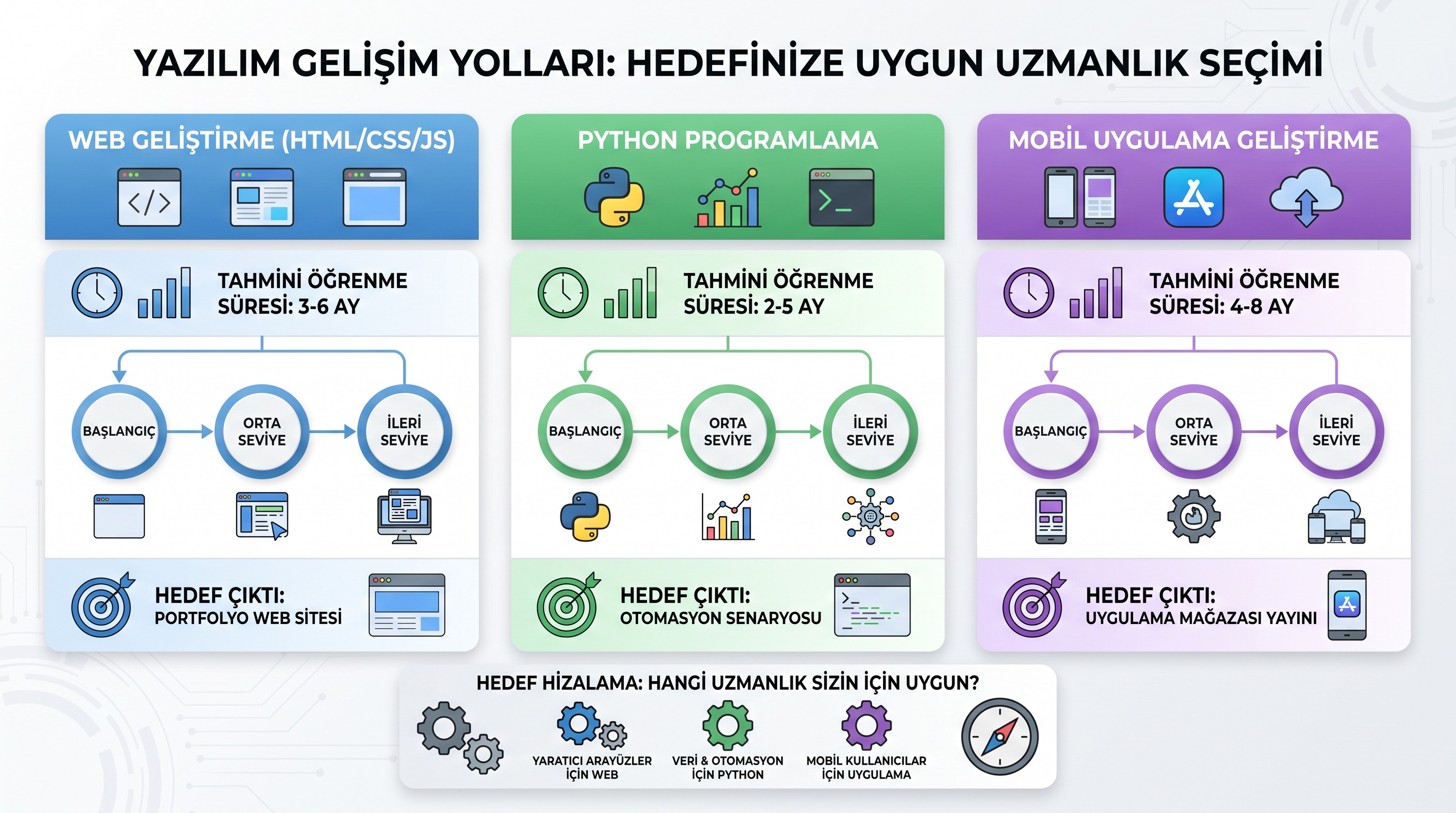 Web geliştirme, Python ve mobil uygulama kurslarının öğrenme süresi ve çıktılarını karşılaştıran rehber.