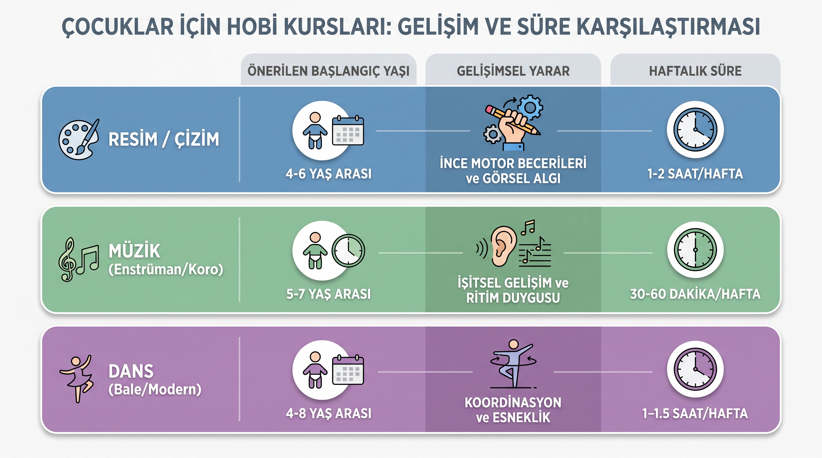 Ankara hobi kurslarının yaş önerisi, gelişimsel faydası ve haftalık süre karşılaştırması.