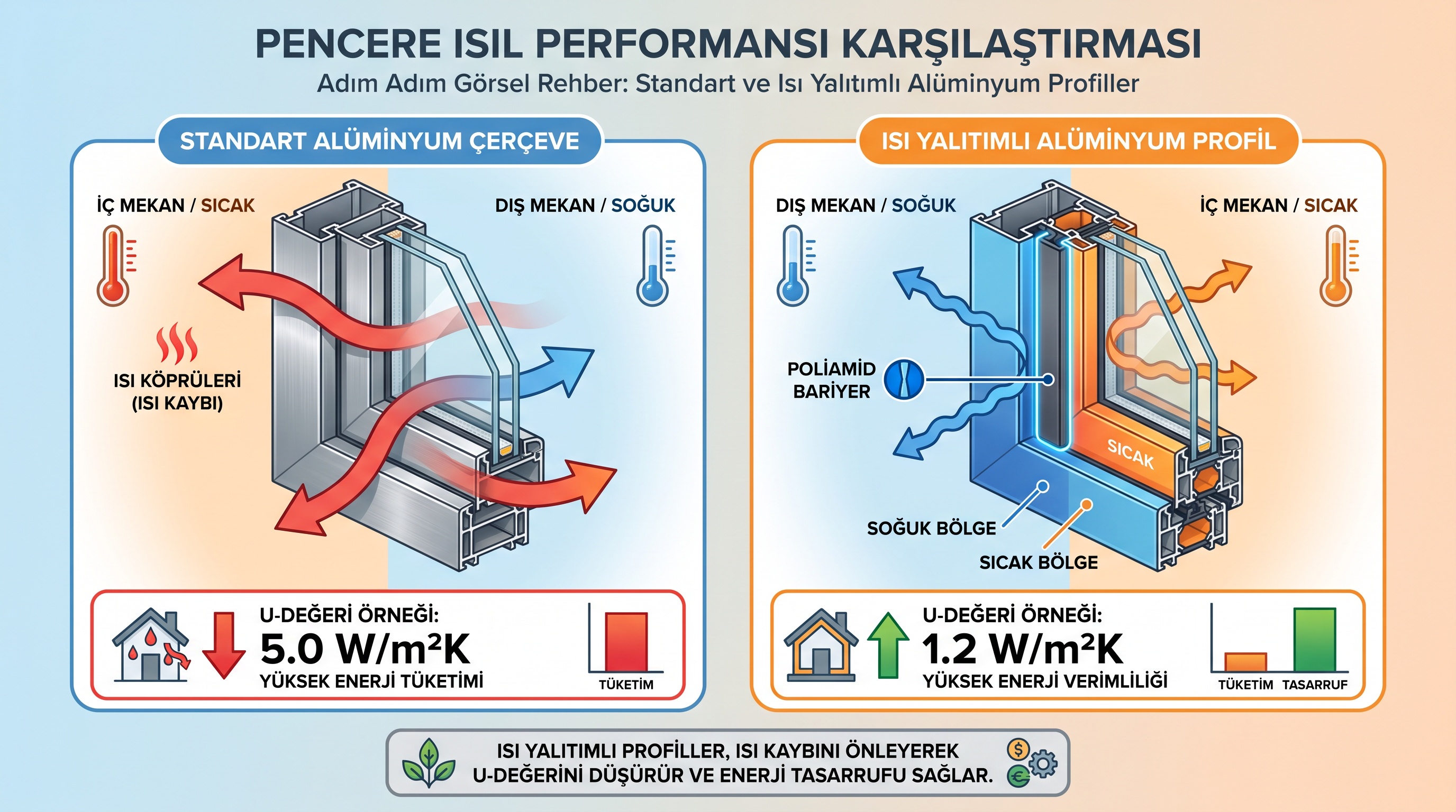 Standart alüminyum pencere ile ısı yalıtımlı pencere arasındaki enerji verimliliği karşılaştırması ve U değerleri.