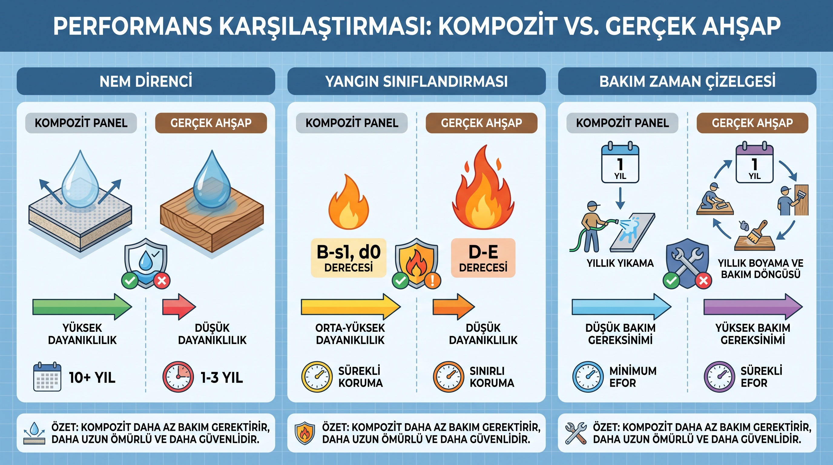 Ahşap görünümlü alüminyum panellerin nem direnci, yangın sınıfı ve bakım gereksinimleri açısından gerçek ahşapla…