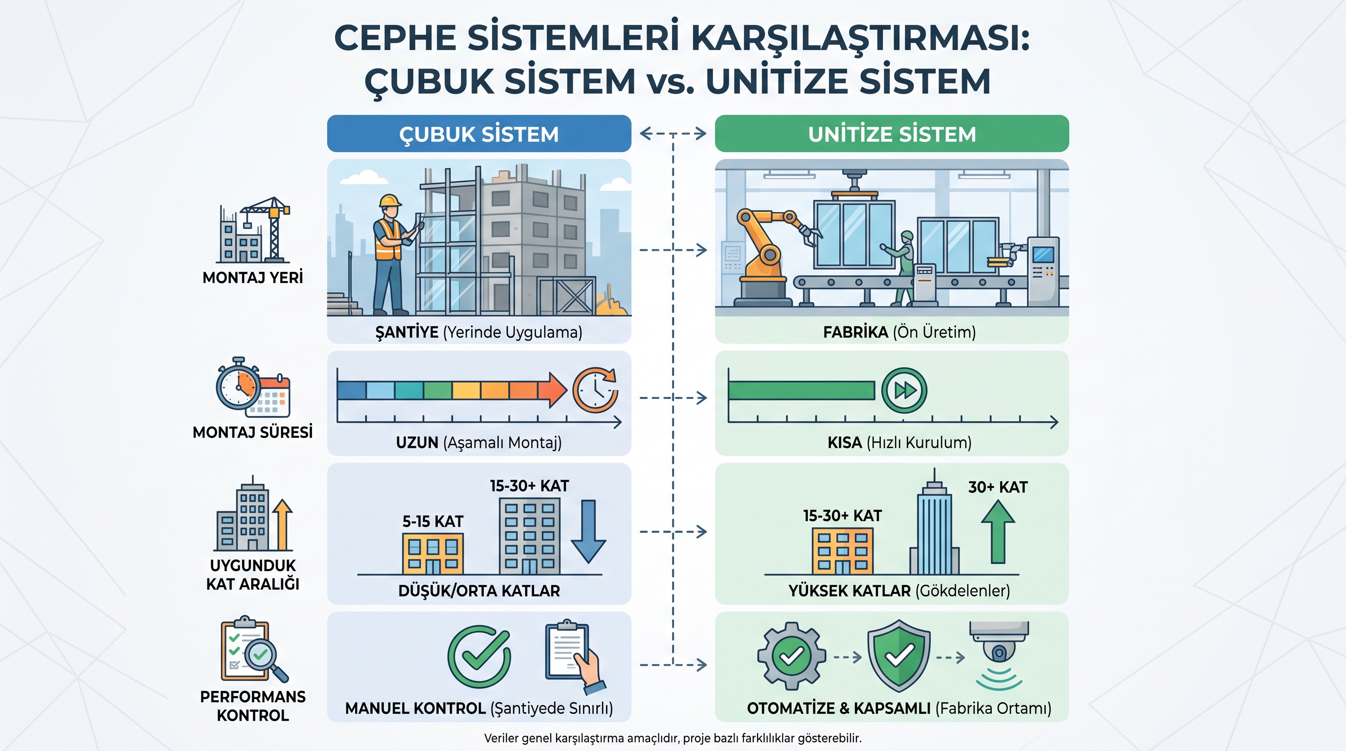 Stick ve unitize dış cephe sistemlerinin montaj, hız, kat uygunluğu ve kalite kontrol farklarını gösteren karşılaştırma.