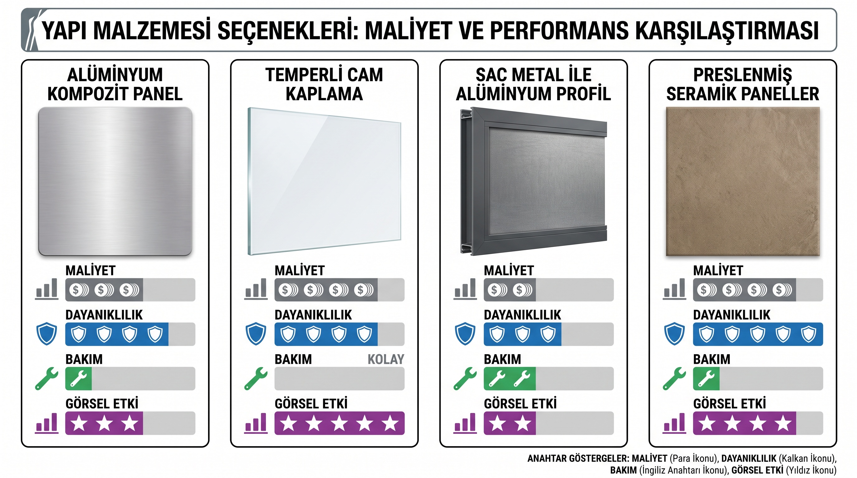 Dört cephe malzemesinin (alüminyum kompozit panel, cam, alüminyum profil, pres seramik) maliyet ve performans…