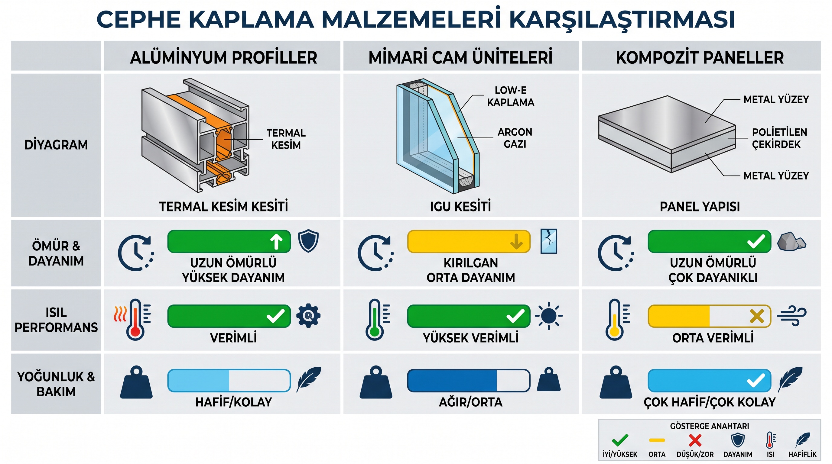 Alüminyum, cam ve kompozit panellerin performans ve özellikleri karşılaştırması.