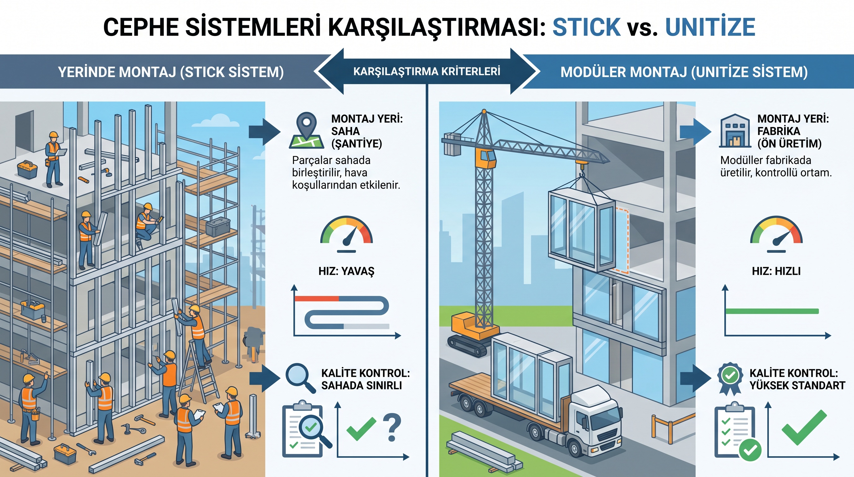 Stick ve unitize giydirme cephe sistemlerinin montaj yöntemi, hız ve proje türü farklarını gösteren karşılaştırma…
