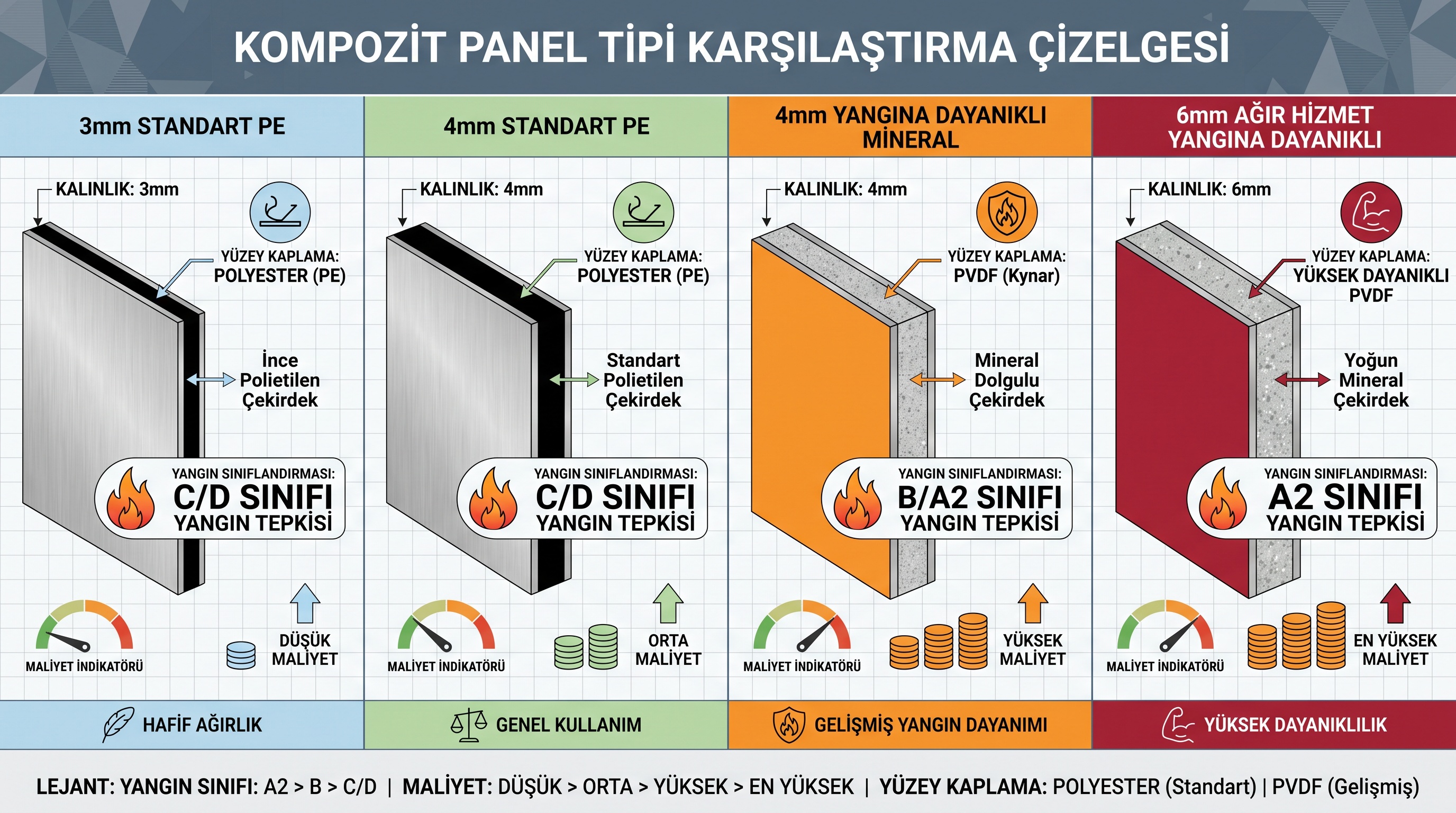 Dört yaygın kompozit panel tipi, kalınlık, dolgu, yangın sınıfı ve maliyet seviyesine göre karşılaştırmalı görsel.