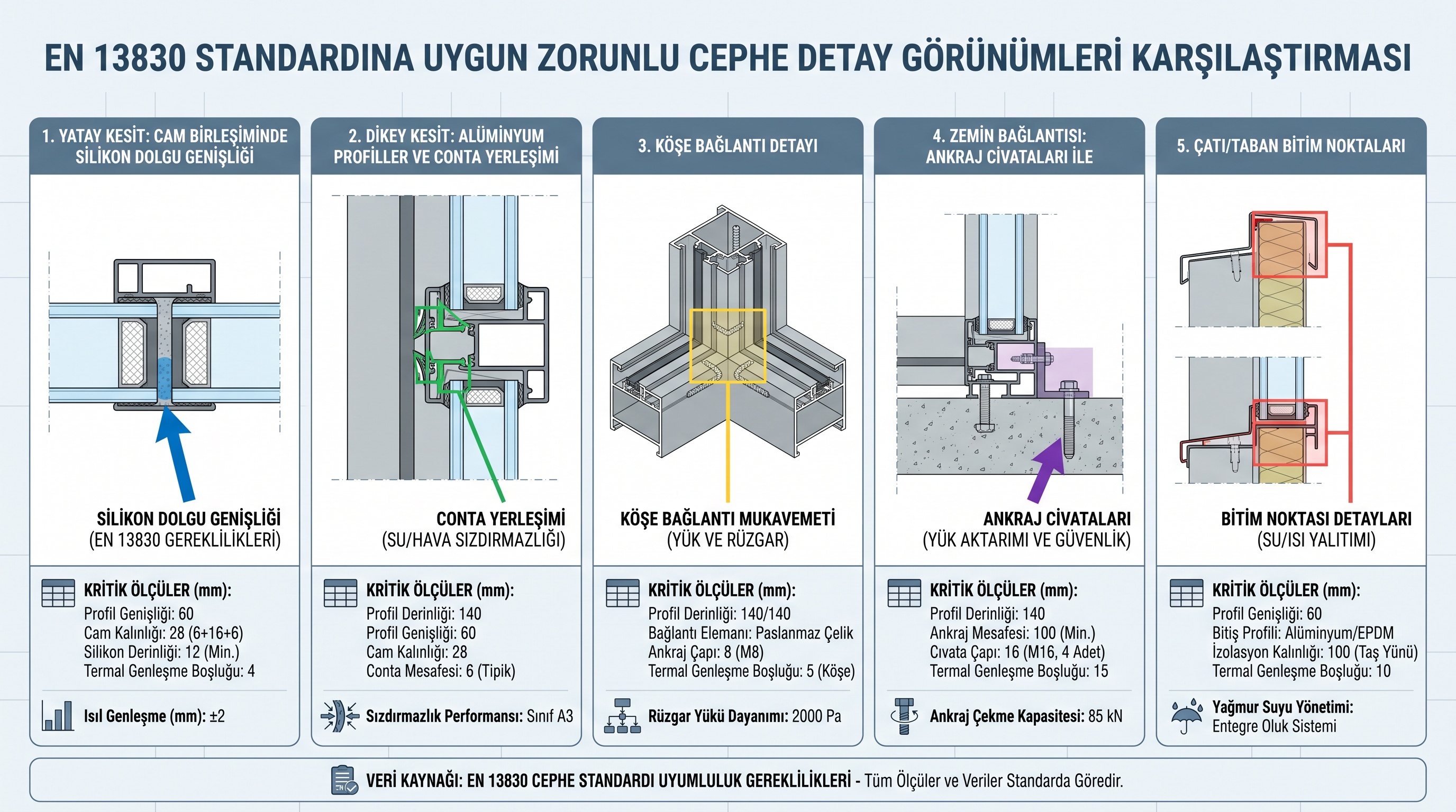 Giydirme cephe detaylarında zorunlu olan beş kesit görünüşü ve minimum teknik özelliklerin karşılaştırması.