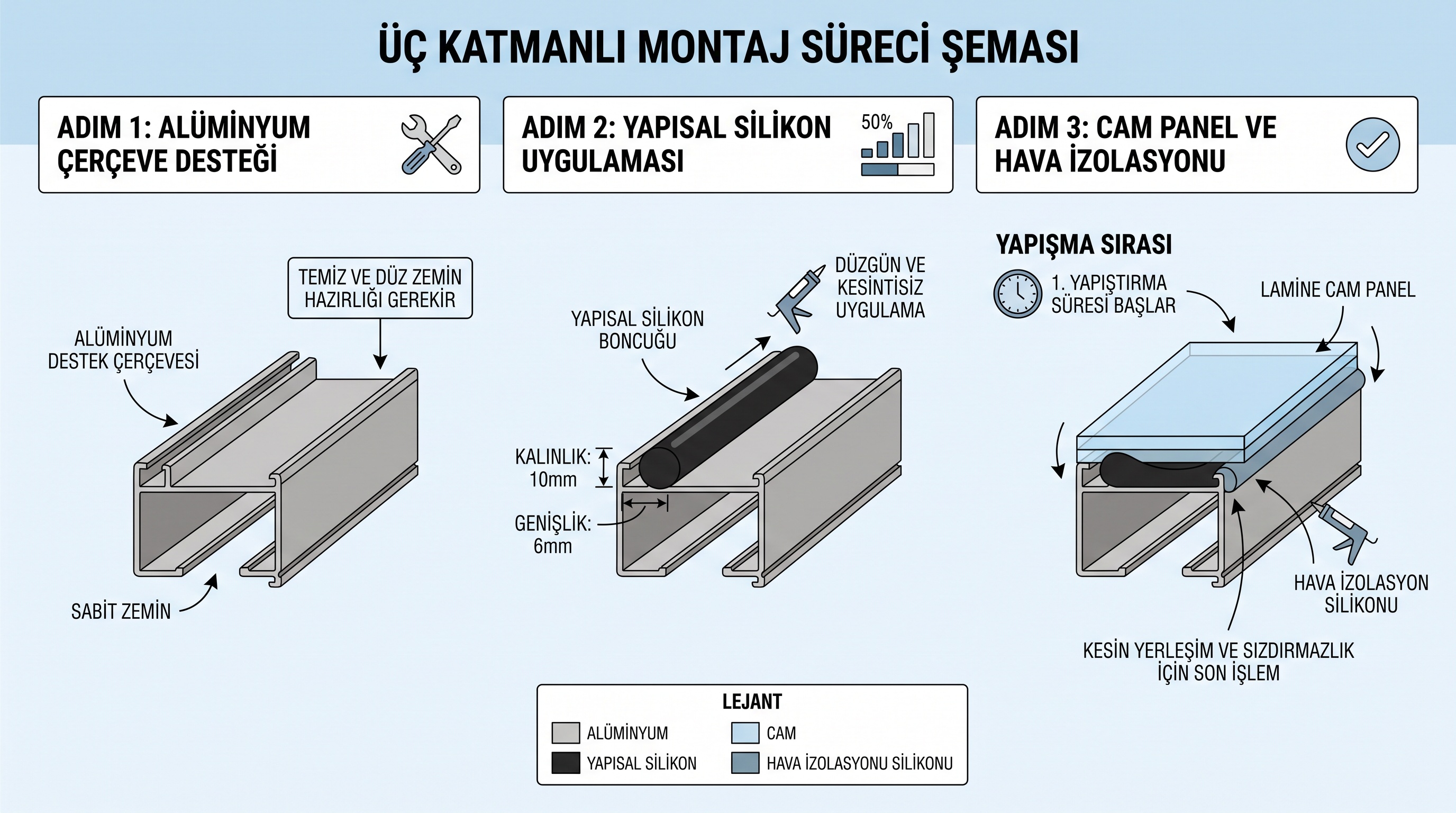 Silikon giydirme cephede alüminyum iskelet, yapısal silikon ve cam panelin katmanlı montaj sırasını gösteren kesit…