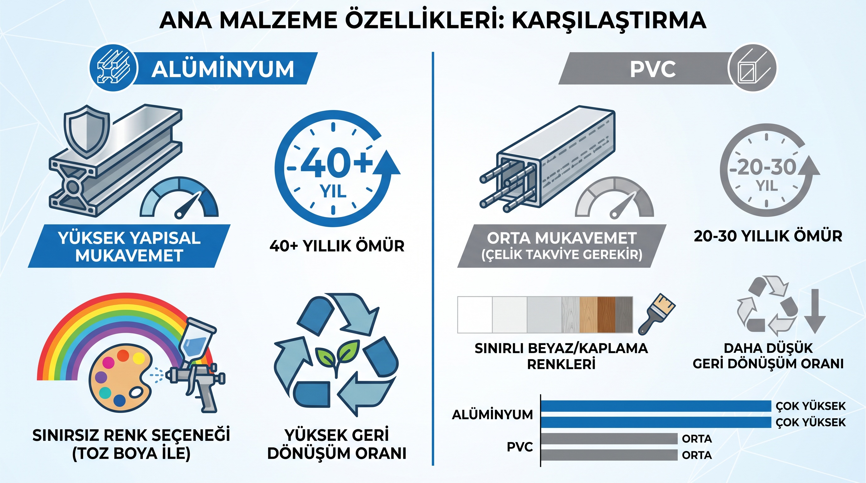 Alüminyum ve PVC'nin yapısal dayanıklılık, ömür, renk seçeneği ve geri dönüşüm açısından özellikleri.