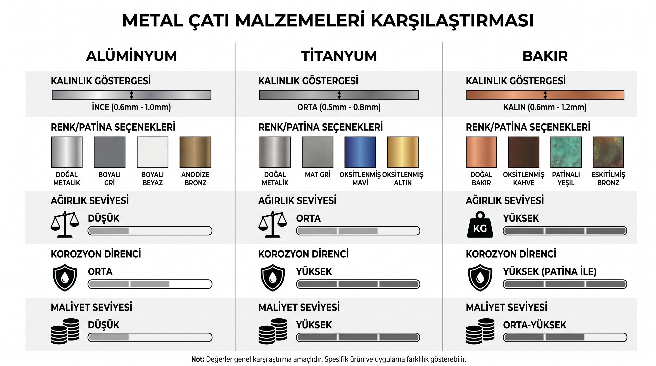 Metal çatı malzemelerin ağırlık, korozyon direnci, estetik ve maliyet özelliklerinin karşılaştırmalı gösterimi.