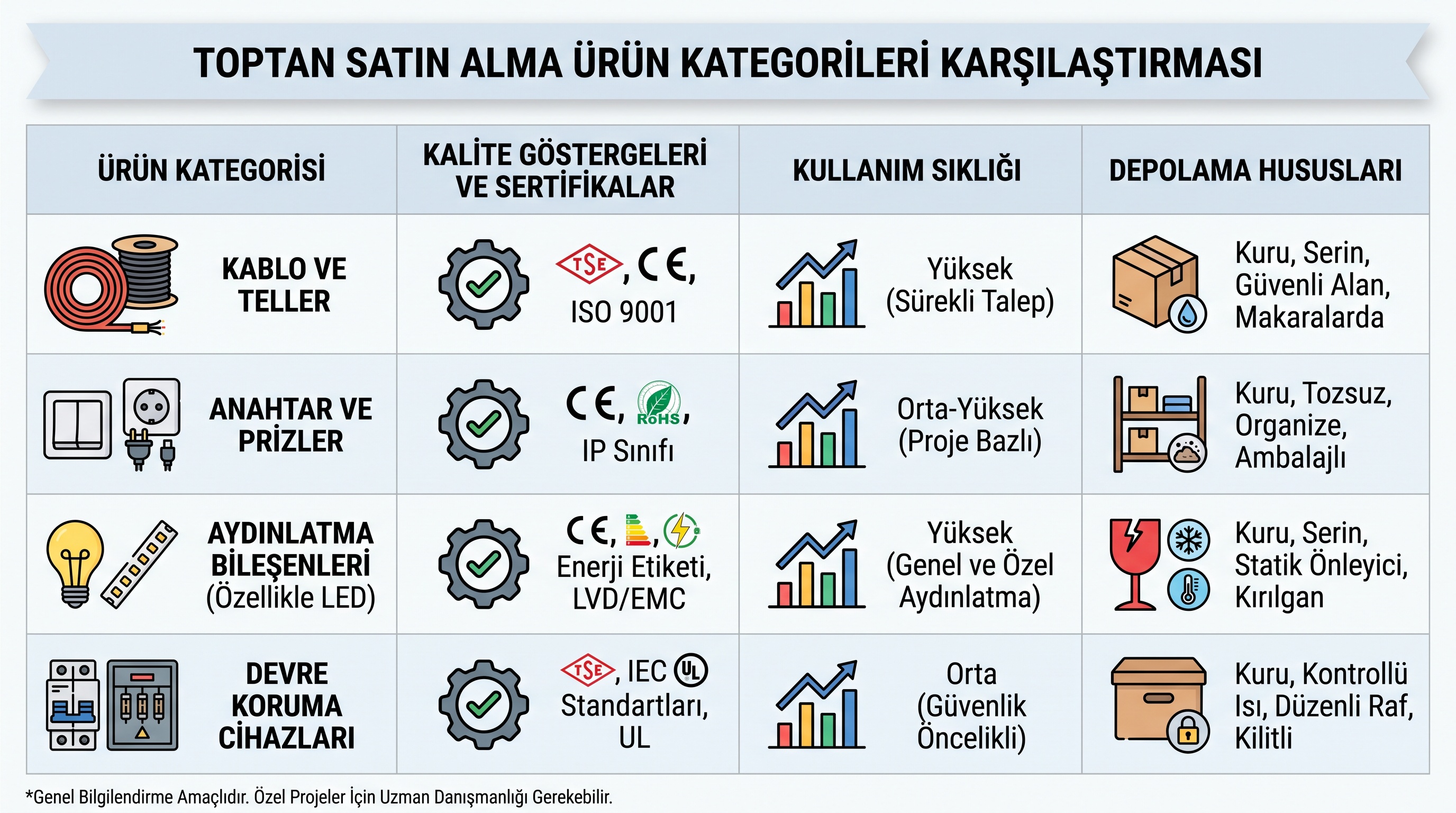 Toptan alım için tercih edilen dört ana ürün grubu (kablo, aydınlatma, priz-anahtar, koruma) ve özelliklerinin…