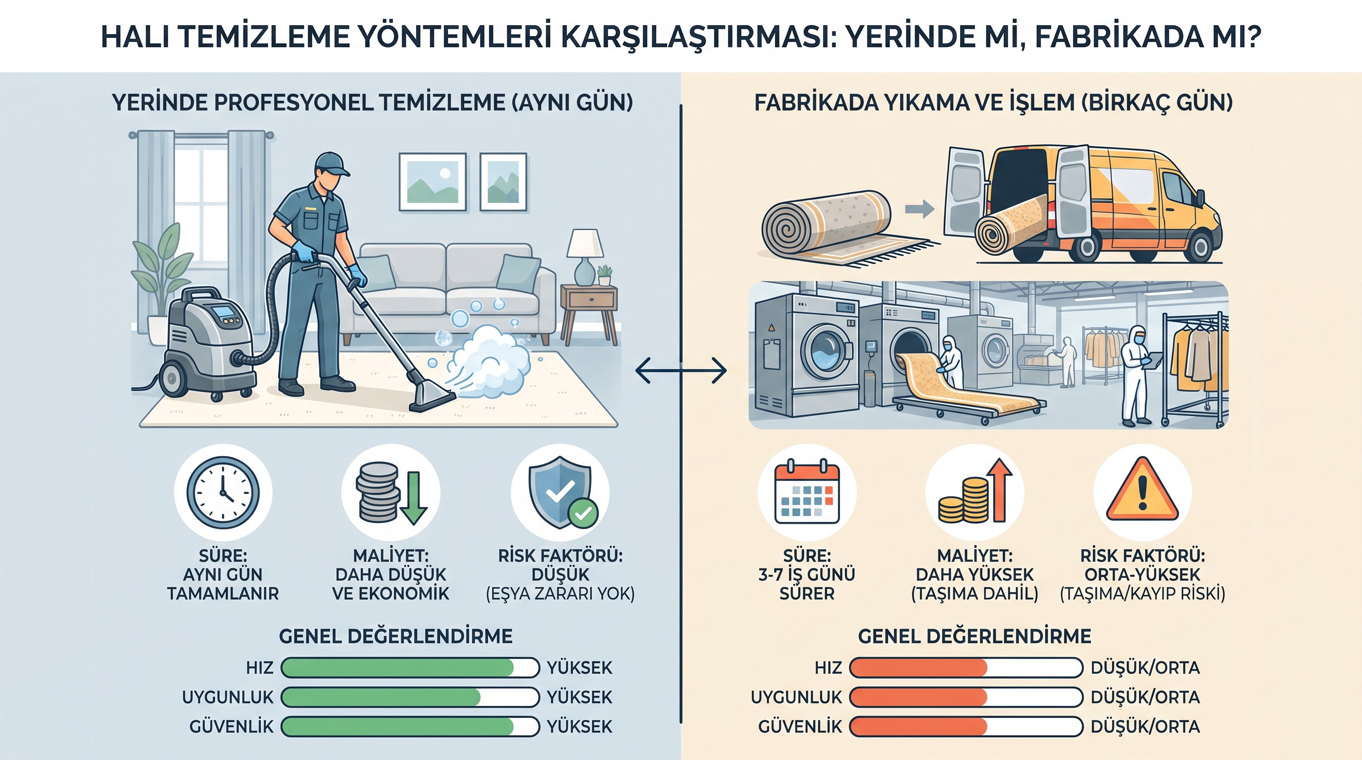 Yerinde halı yıkama ile fabrika yıkaması arasındaki zaman, maliyet ve fiziksel risk farklarının karşılaştırması.