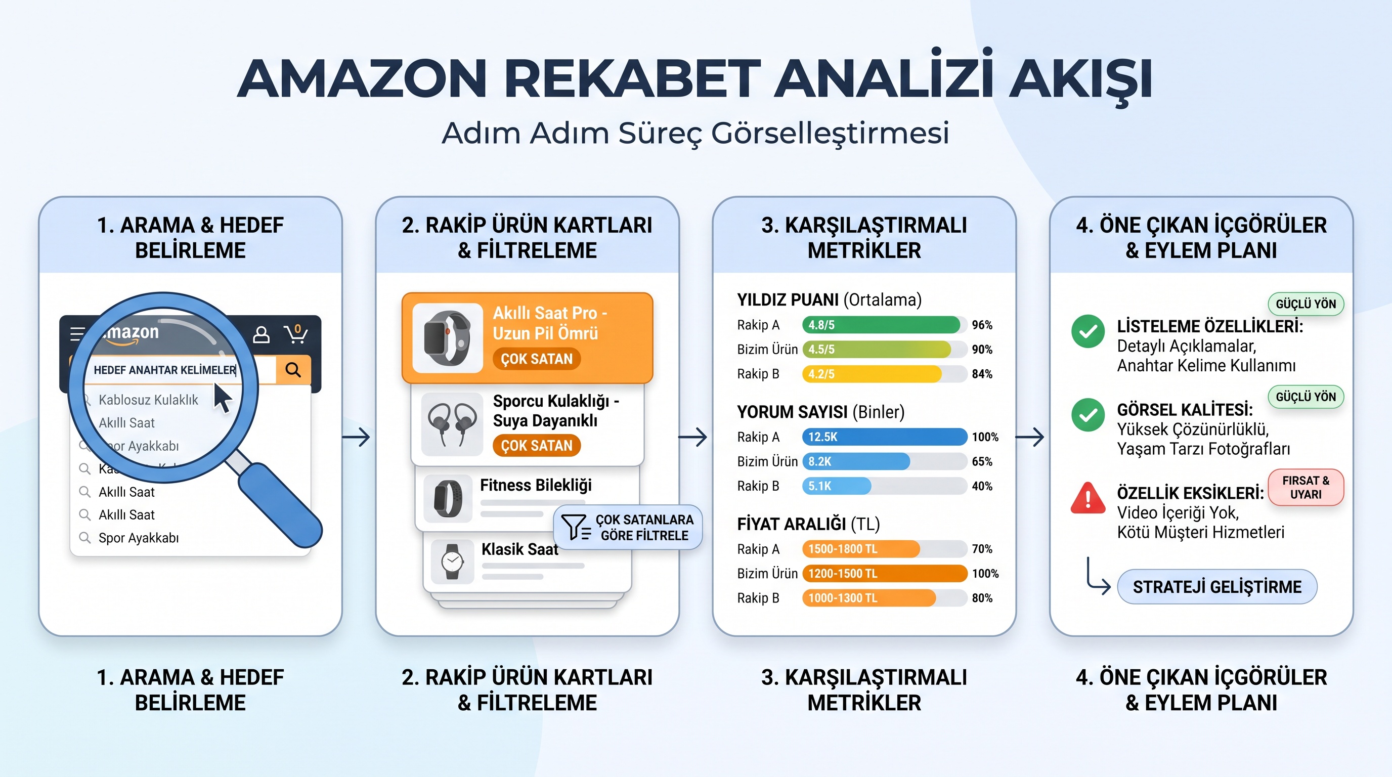 Amazon rakip analizinin beş adımlı süreci: anahtar kelime belirleme, rakip tespiti, başlık ve görsel karşılaştırması…