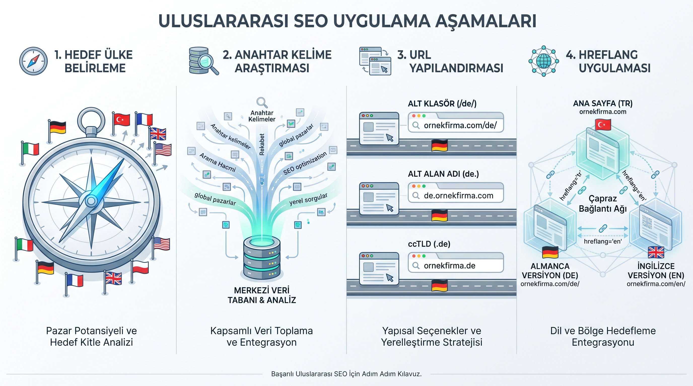 Çok dilli SEO uygulamasının dört ana adımı: hedef pazar seçimi, anahtar kelime araştırması, URL yapısı ve hreflang…