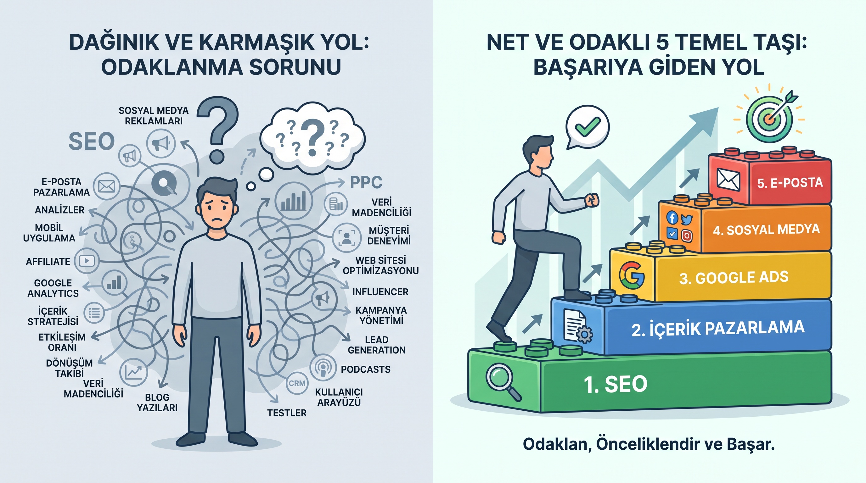 Dijital pazarlamada gereksiz konuların etkilenmesi yerine beş temel alanın net şekilde gösterilmesi.