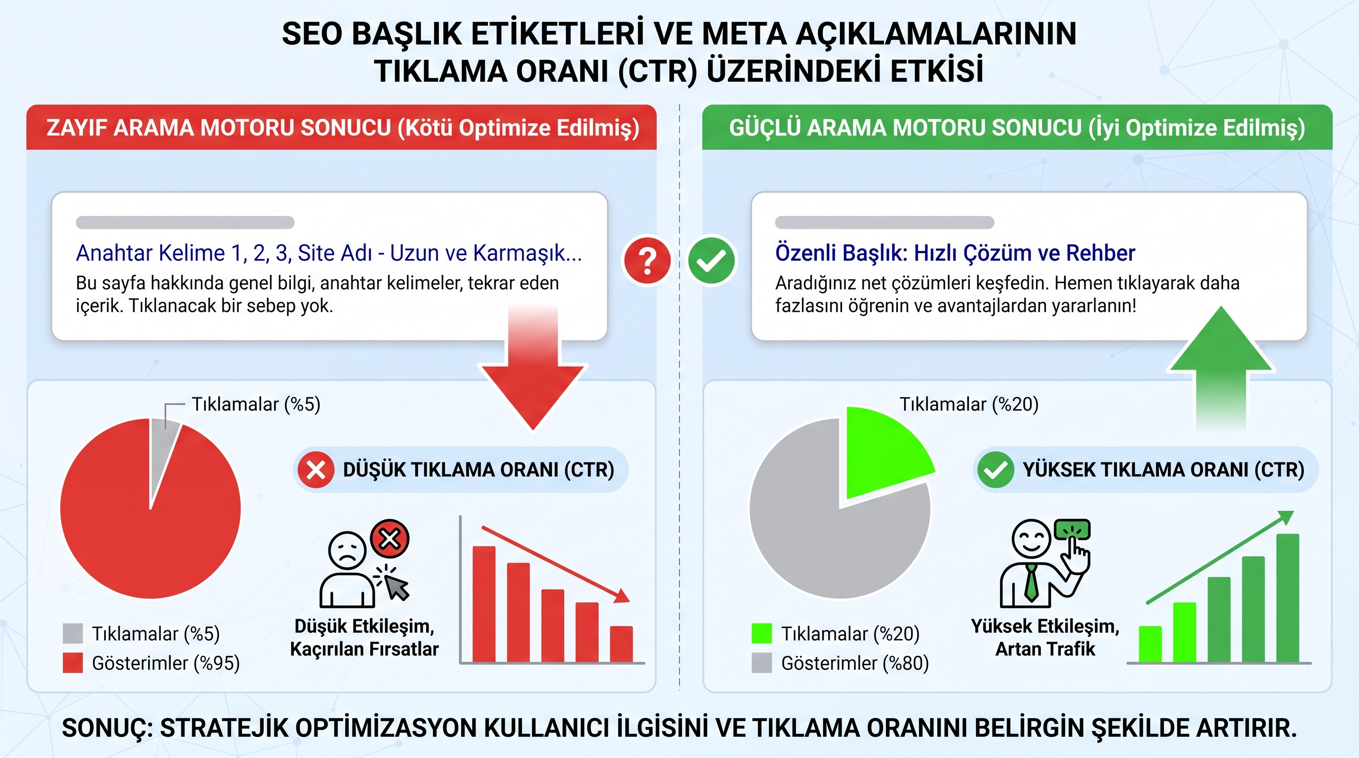 İyi yazılmış başlık ve meta açıklamanın düşük tıklanma oranıyla karşılaştırması, arama sonuçlarında başarı farkını…