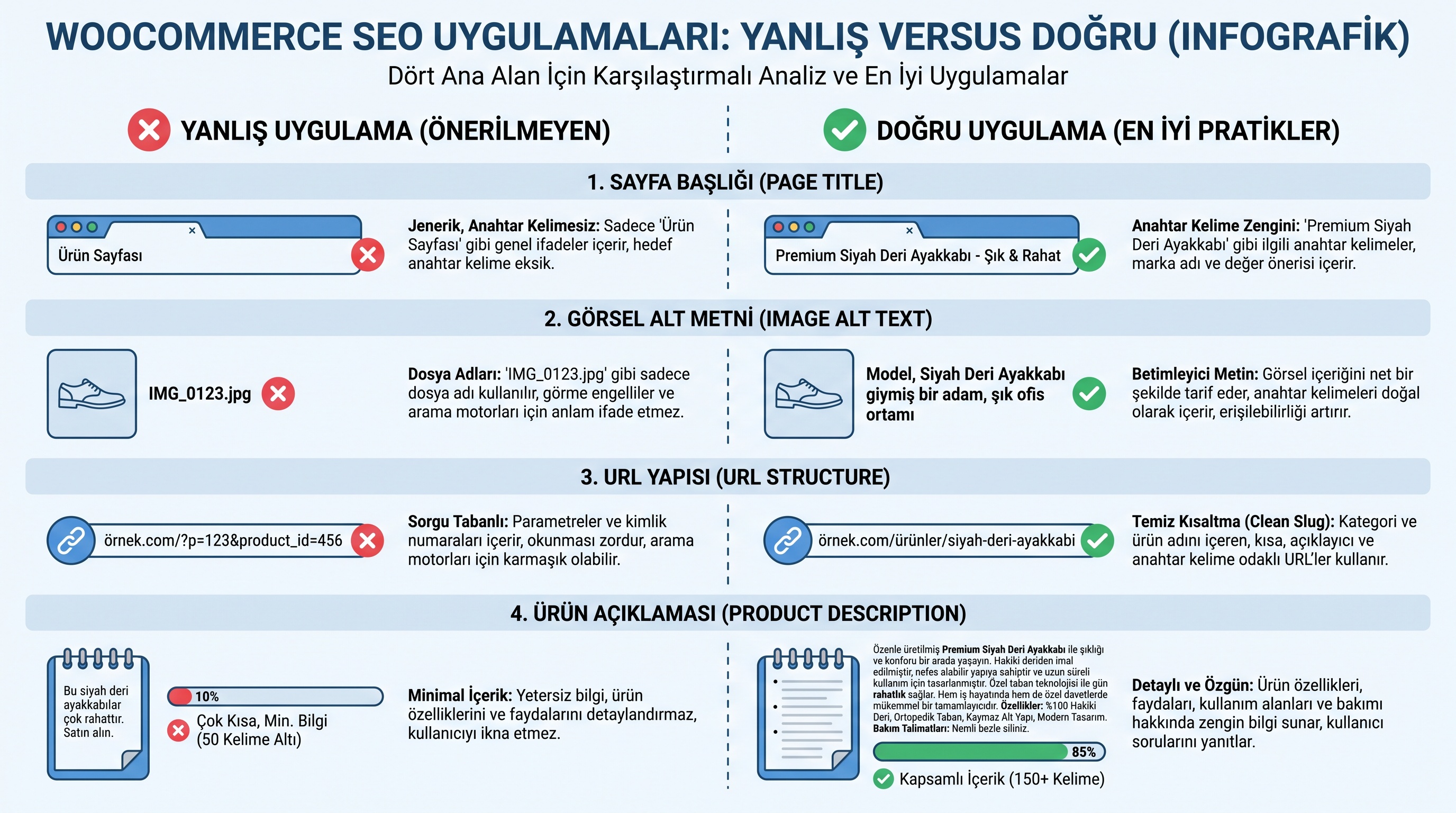 Ürün sayfası SEO'sunun dört temel alanında hatalı ve doğru uygulamaların yan yana karşılaştırması.