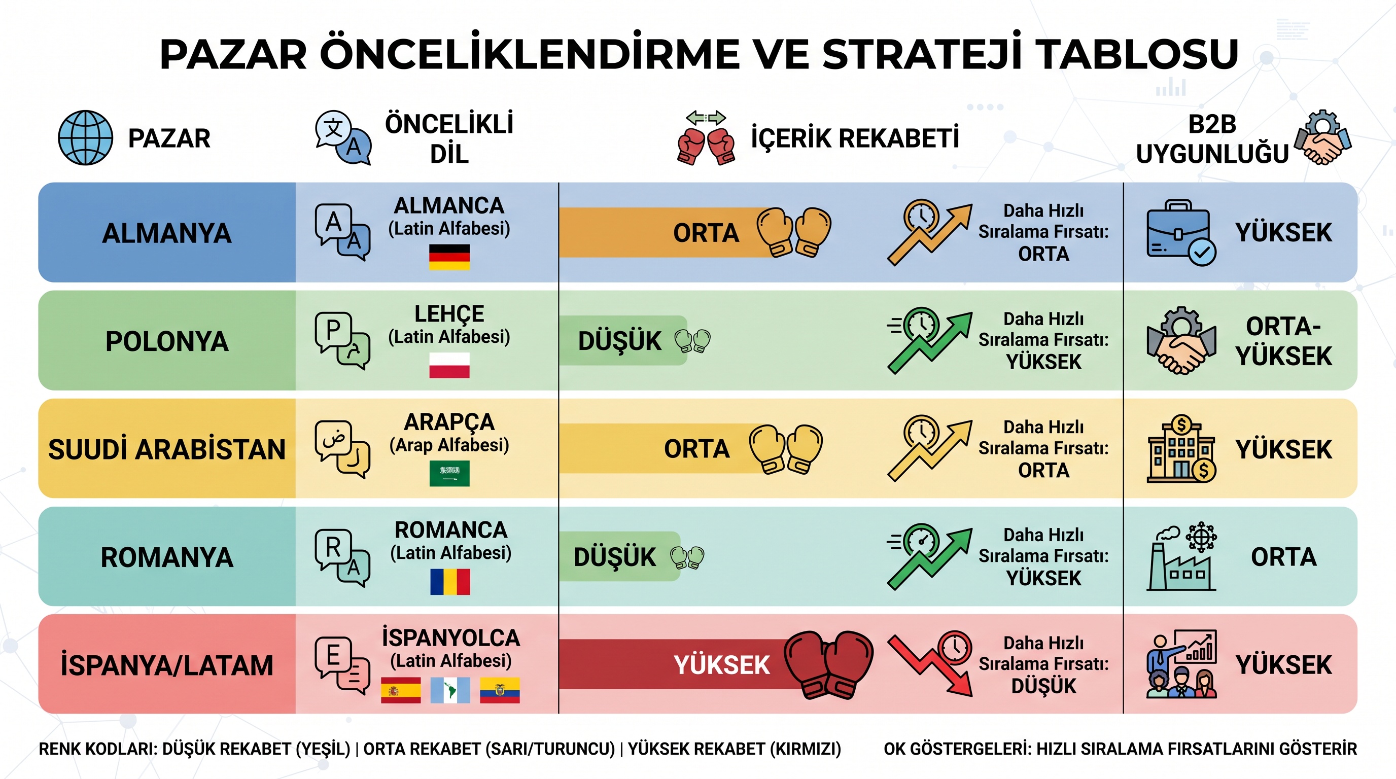 Almanya, Polonya, Suudi Arabistan, Romanya ve İspanya'nın rekabet yoğunluğu ve B2B uygunluğuna göre karşılaştırıldığı…