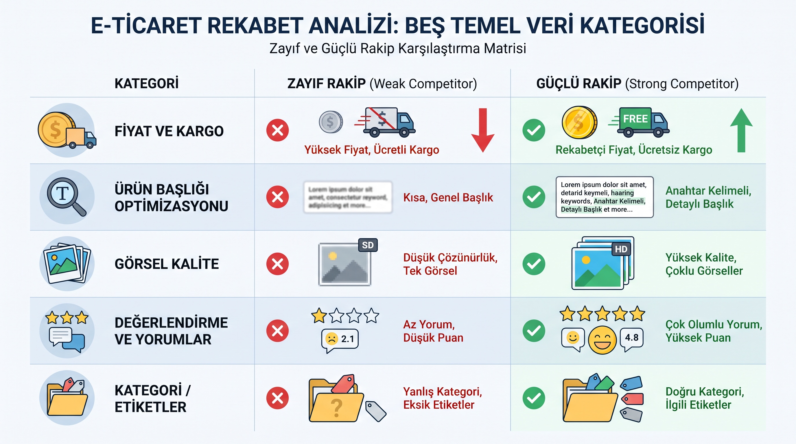 Trendyol rakip analizinin beş temel veri grubunun güçlü ve zayıf profil örnekleri.