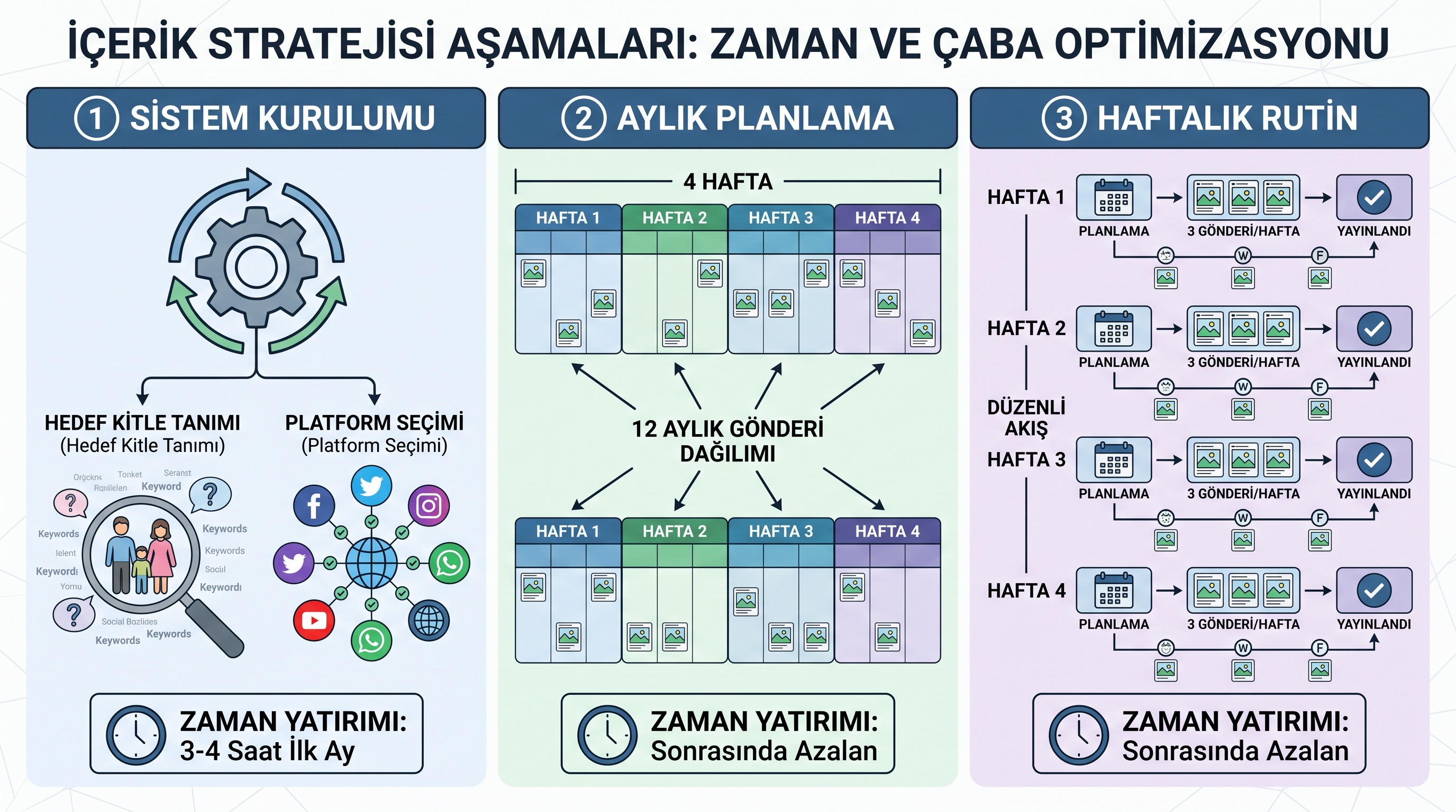 Sosyal medya içerik üretiminin üç aşaması: sistem kurma, aylık planlama ve haftalık rutinin görsel özeti.