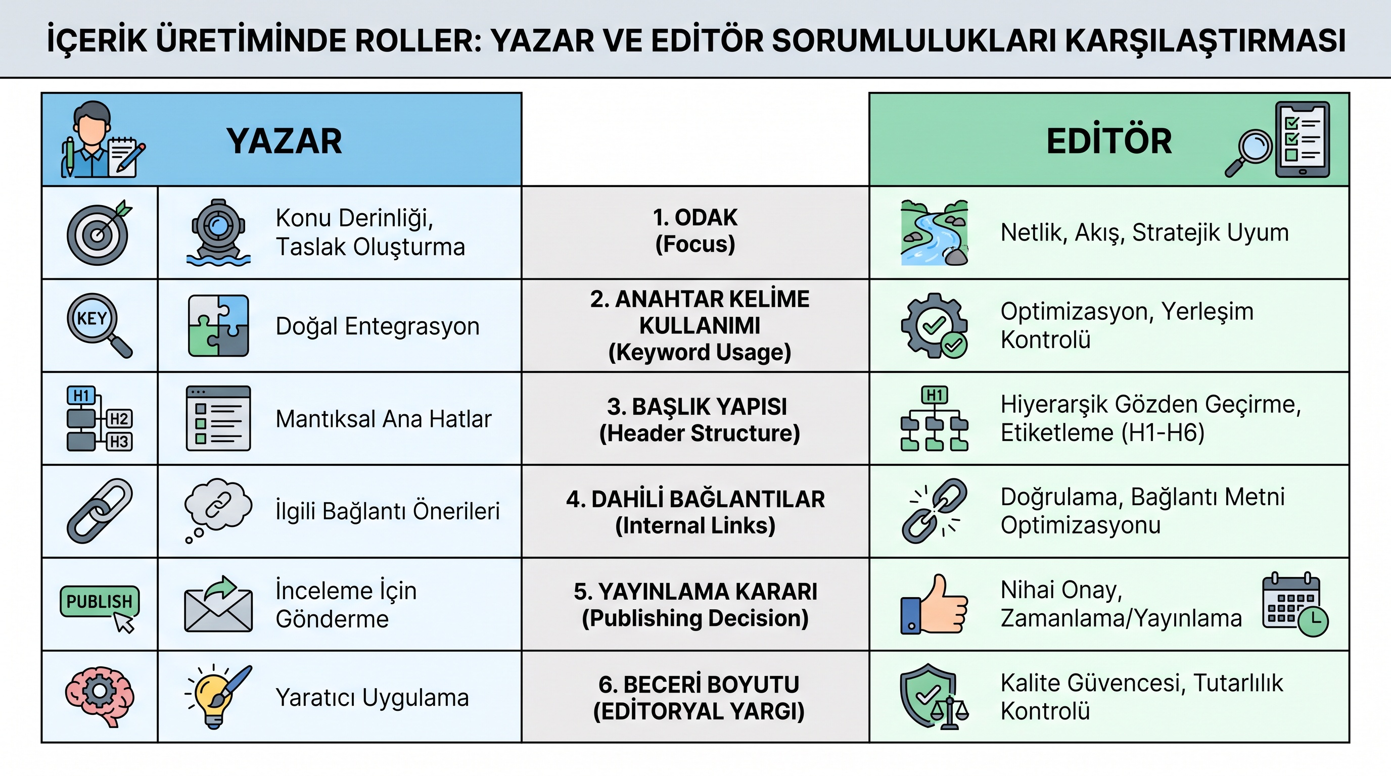 Yazar ve editörün temel farkları altı kriter üzerinden karşılaştırılıyor: odak, anahtar kelime, başlık yapısı…