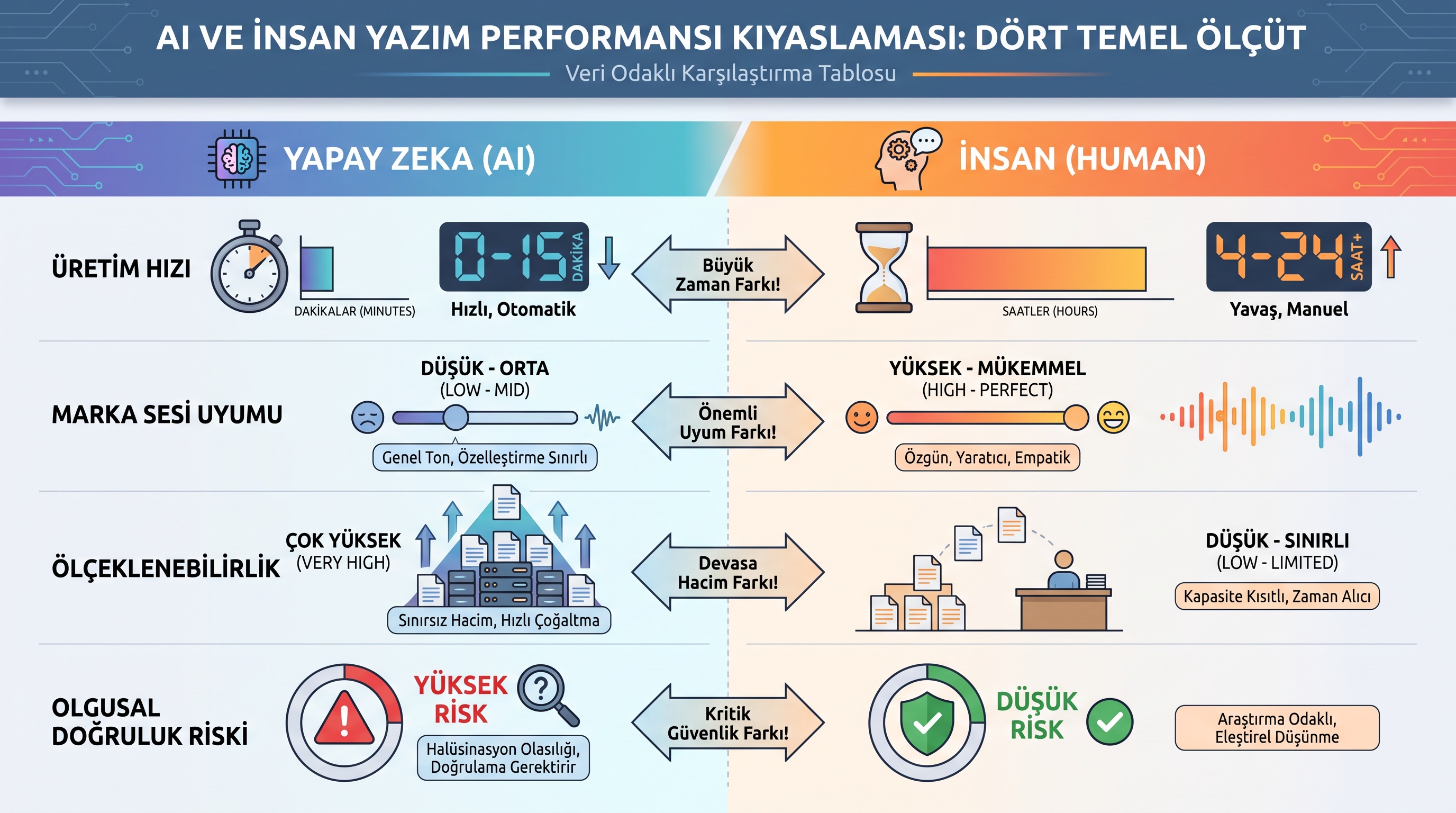 İnsan yazarı ve yapay zeka arasında hız, marka uyumu, ölçeklenebilirlik ve hata riski karşılaştırması.