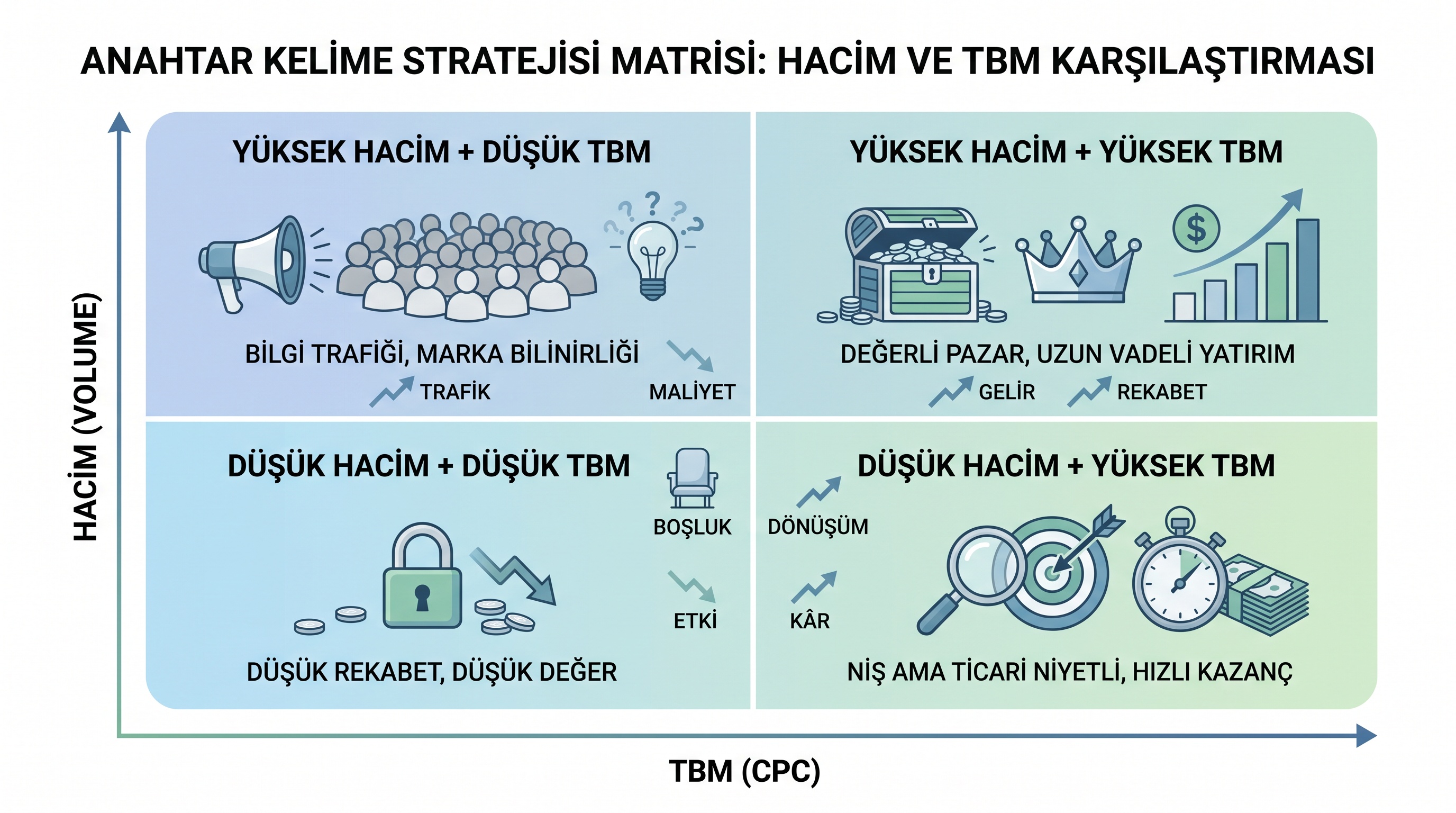 Arama hacmi ve TBM kombinasyonlarının dört strateji kategorisini gösteren matris grafik.