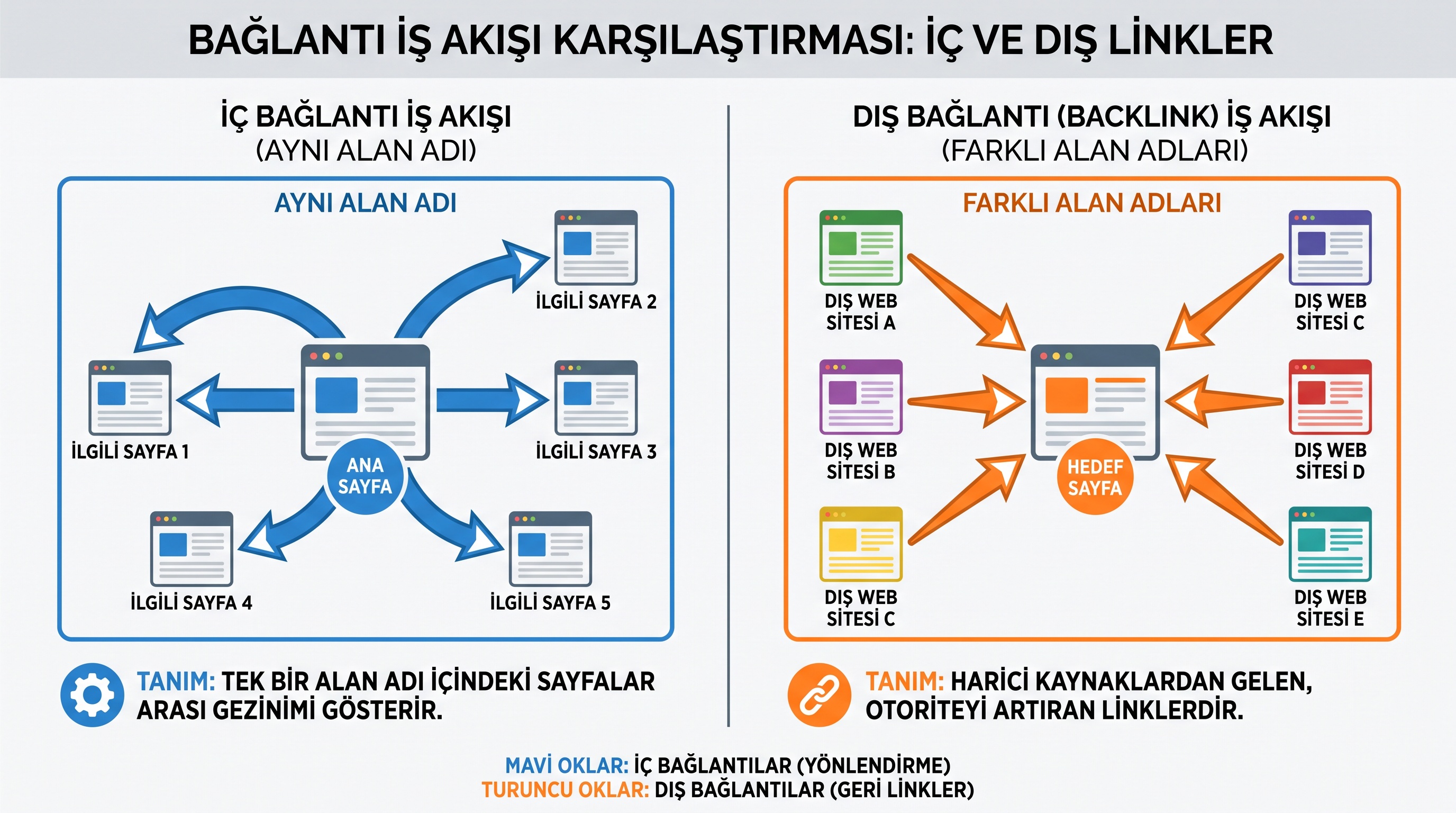 İç link ile dış link arasındaki yapısal fark ve yönlülük farklılığı.
